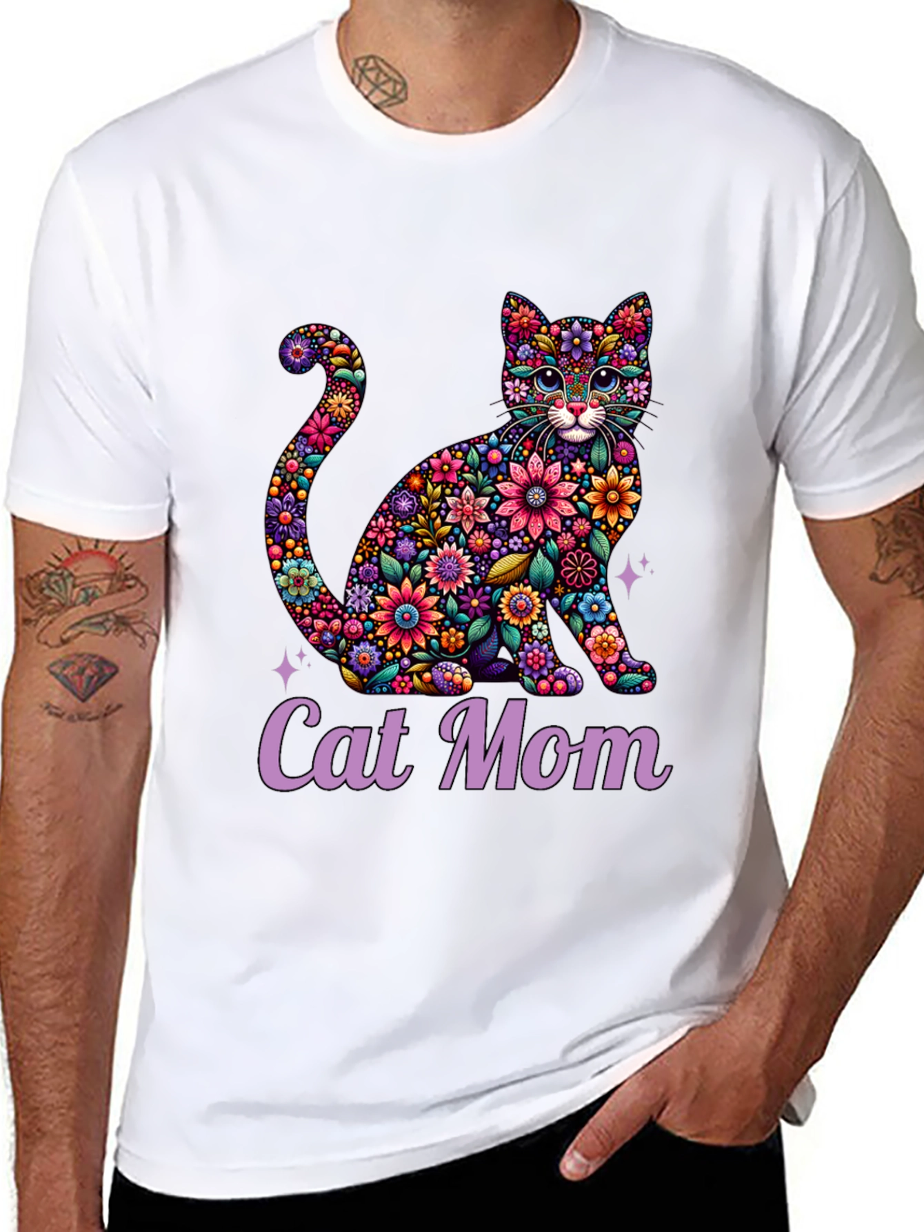 Floral Cat Mom T-Shirt - Unique Design