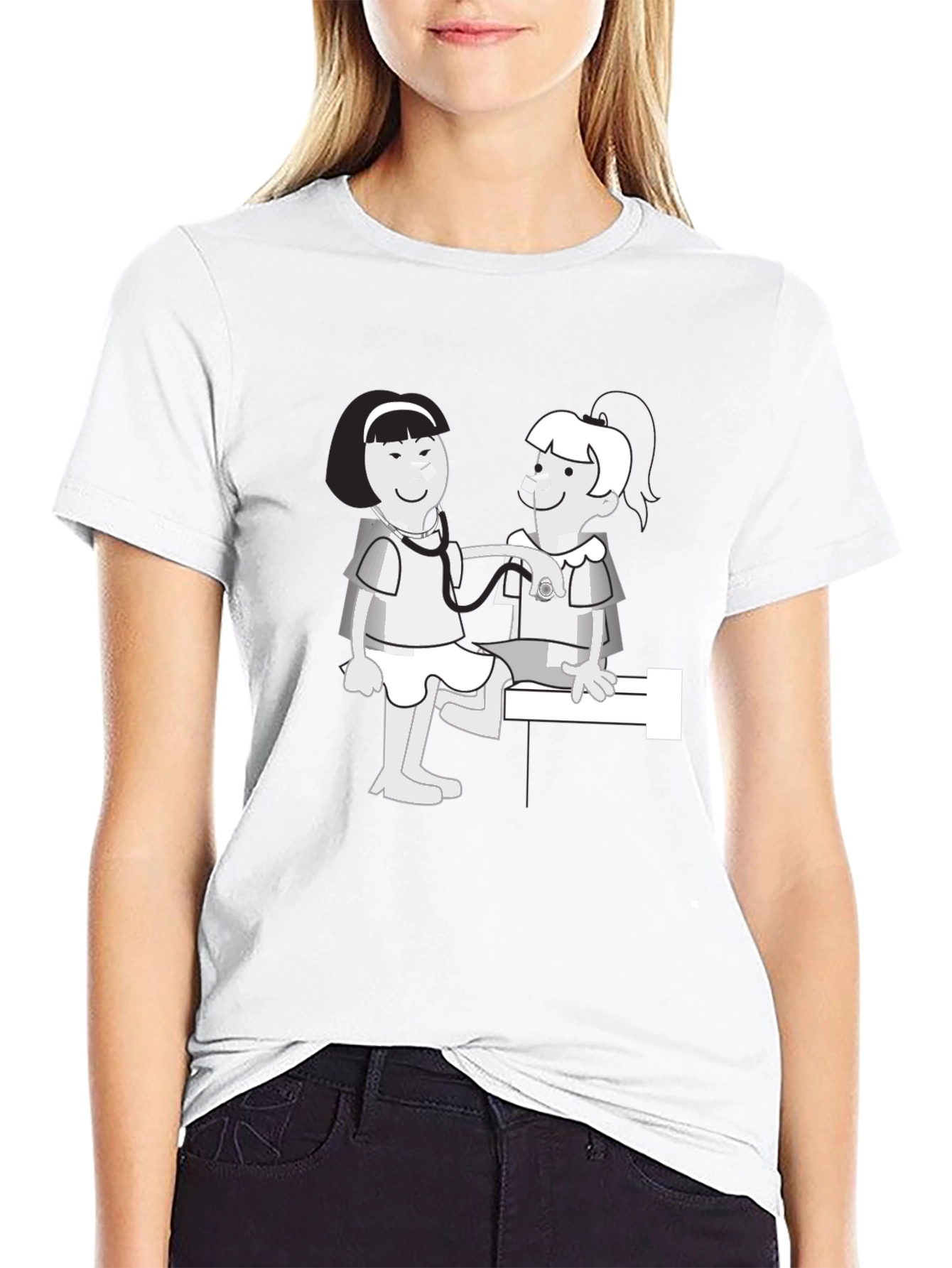Cartoon Nurse Graphic T-Shirt - Classic Crew Neck