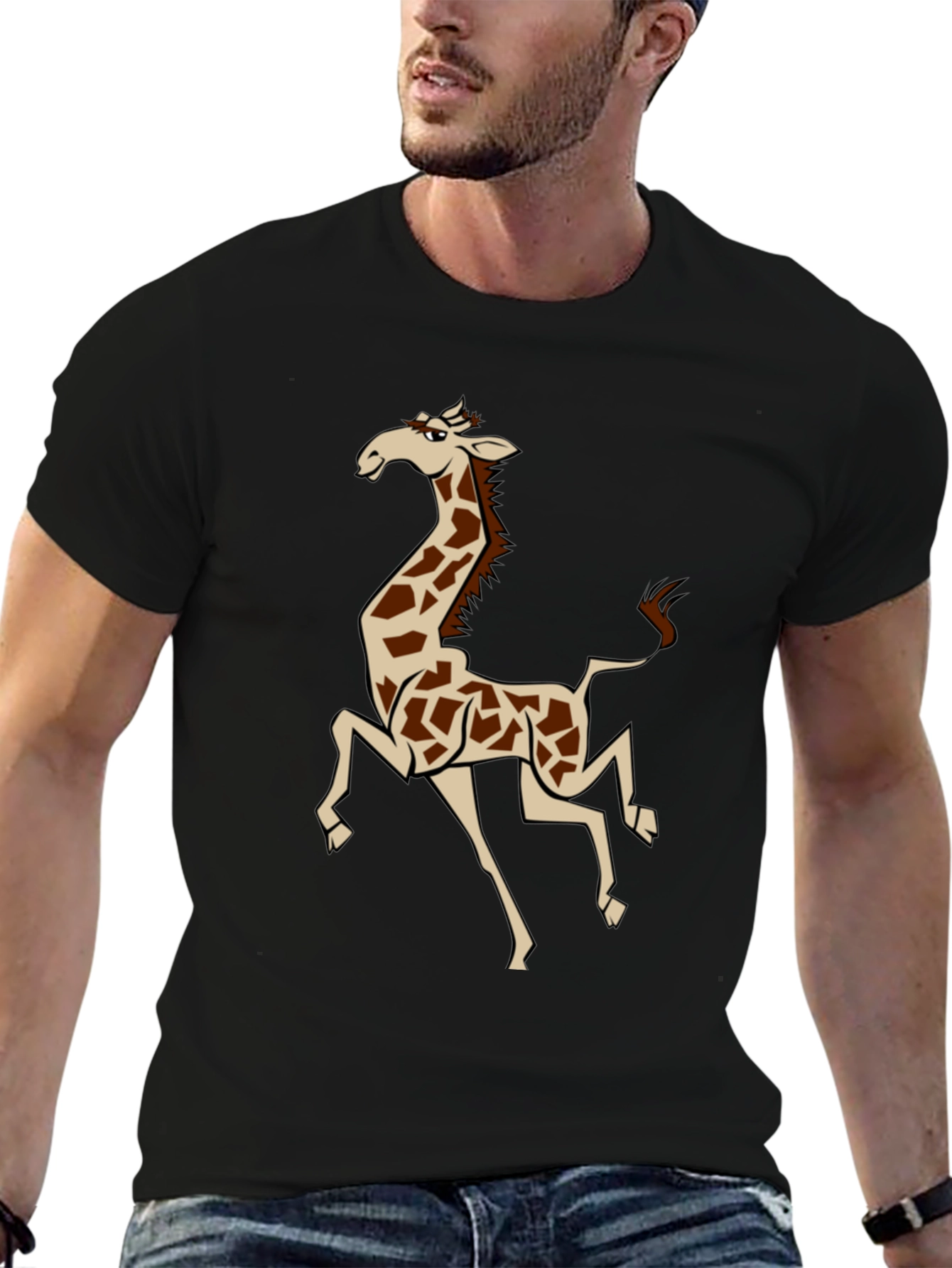 Cartoon Giraffe Graphic T-Shirt - Black