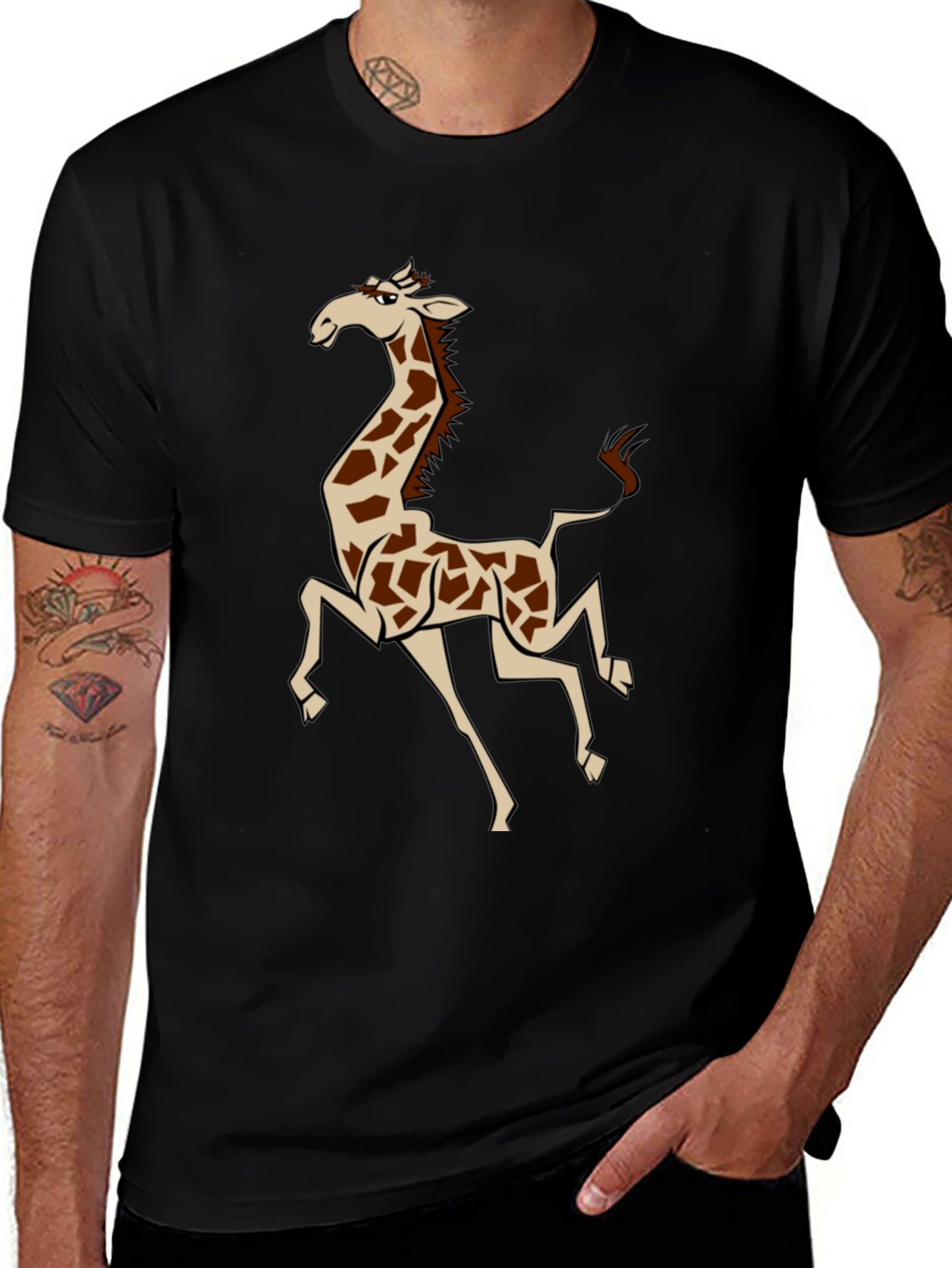 Cartoon Giraffe Graphic T-Shirt - Black