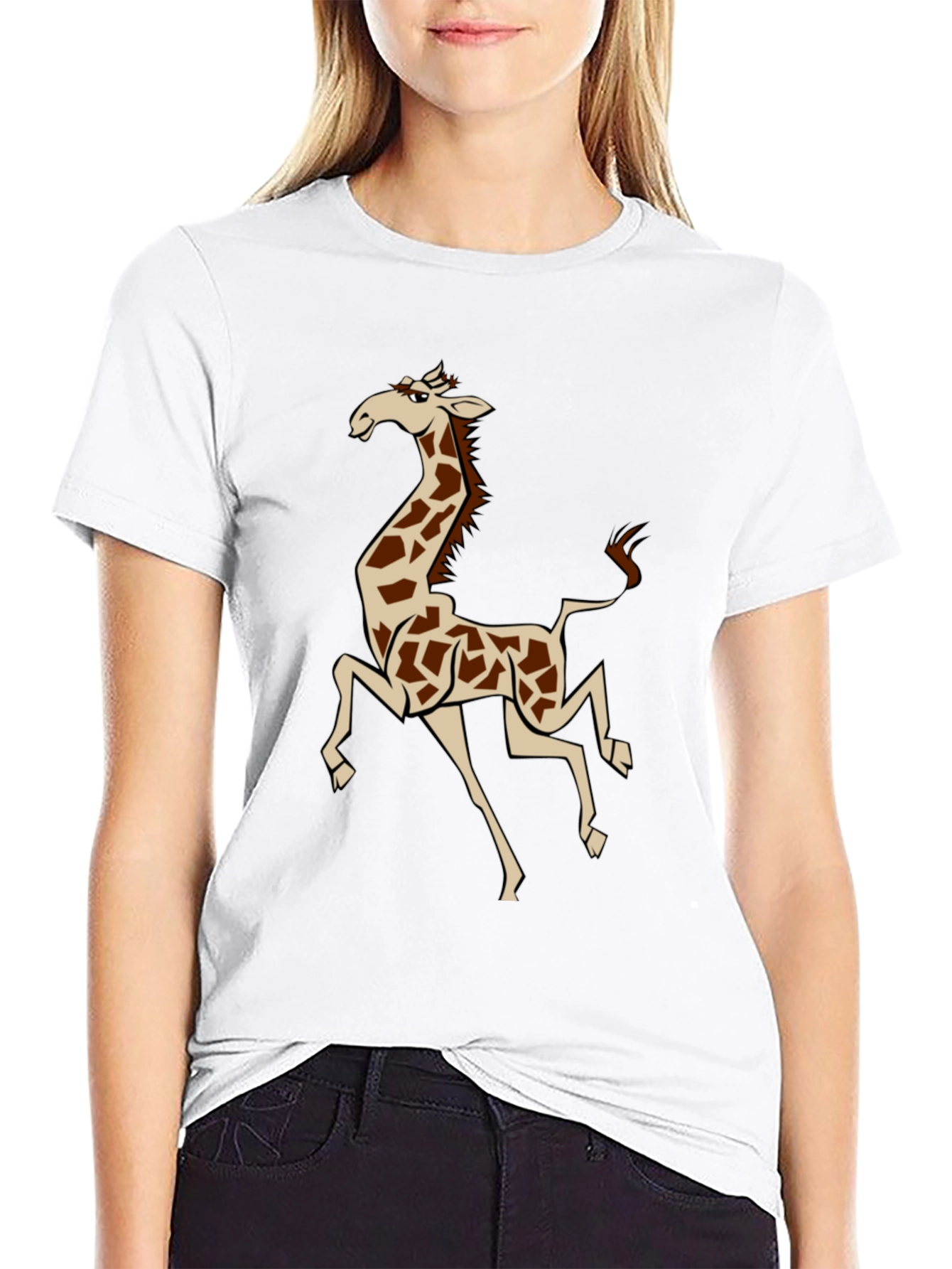 Cartoon Giraffe Graphic T-Shirt - Black