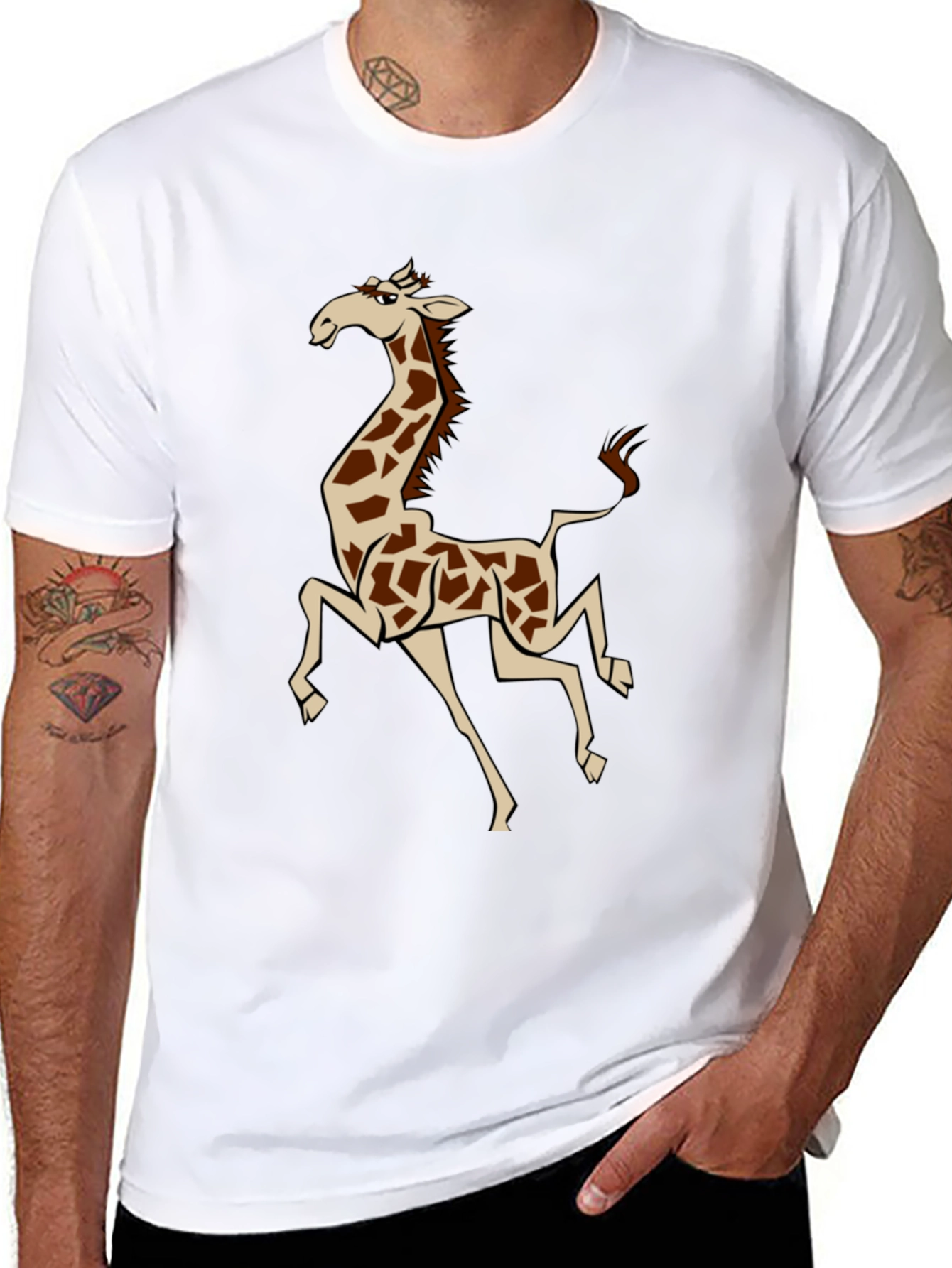 Cartoon Giraffe Graphic T-Shirt - Black