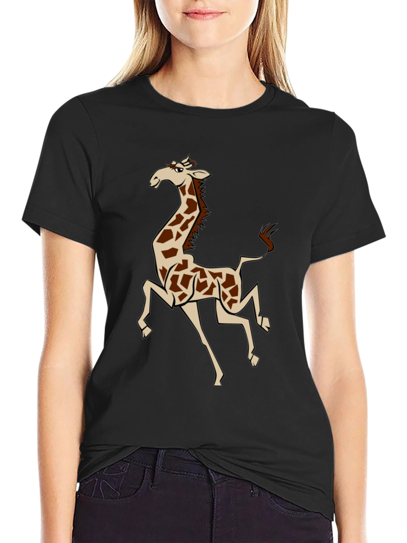 Cartoon Giraffe Graphic T-Shirt - Black