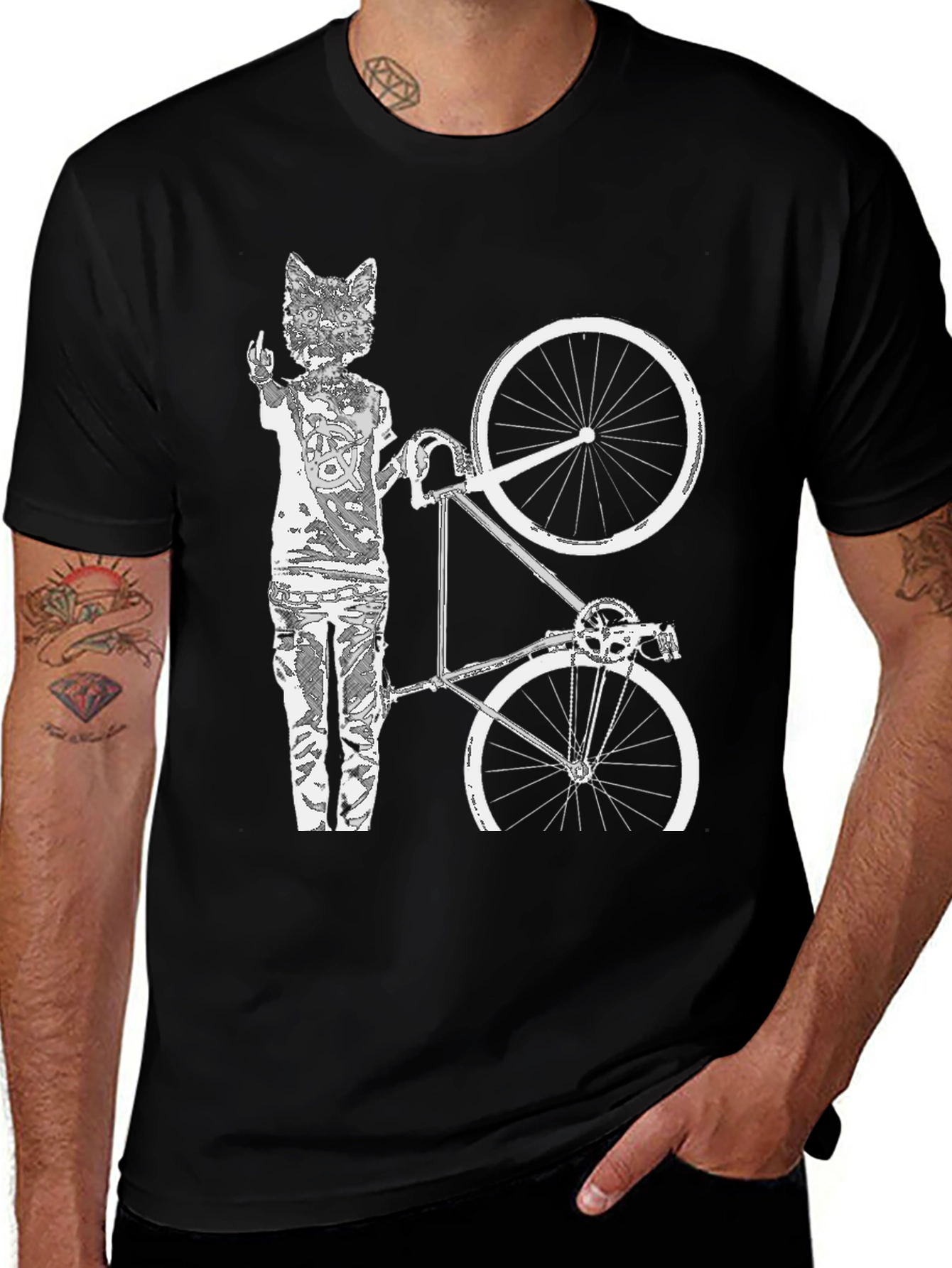 Cat Biker T-Shirt - Black Cotton Graphic Tee