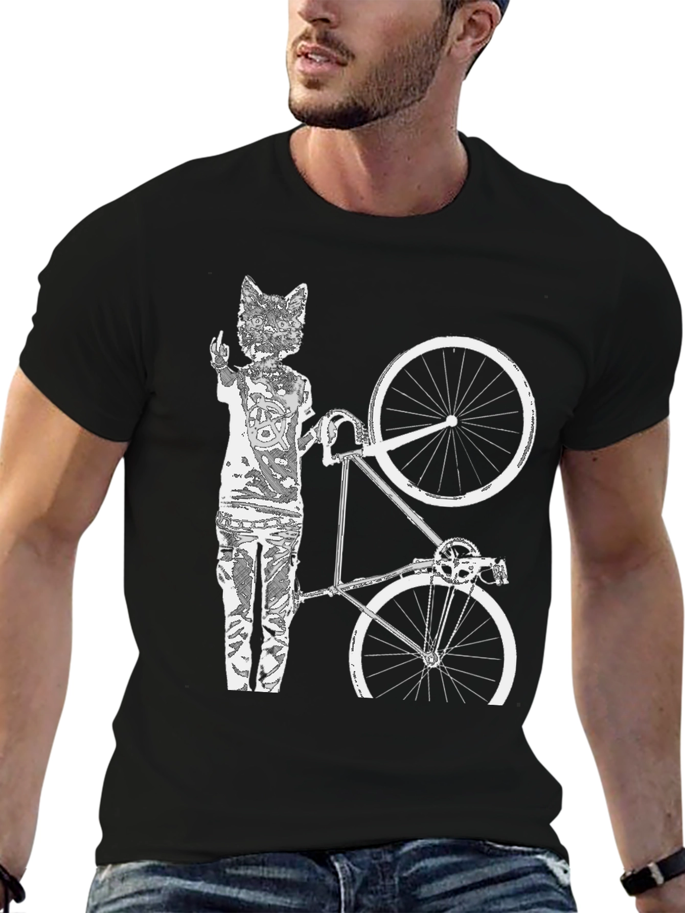 Cat Biker T-Shirt - Black Cotton Graphic Tee
