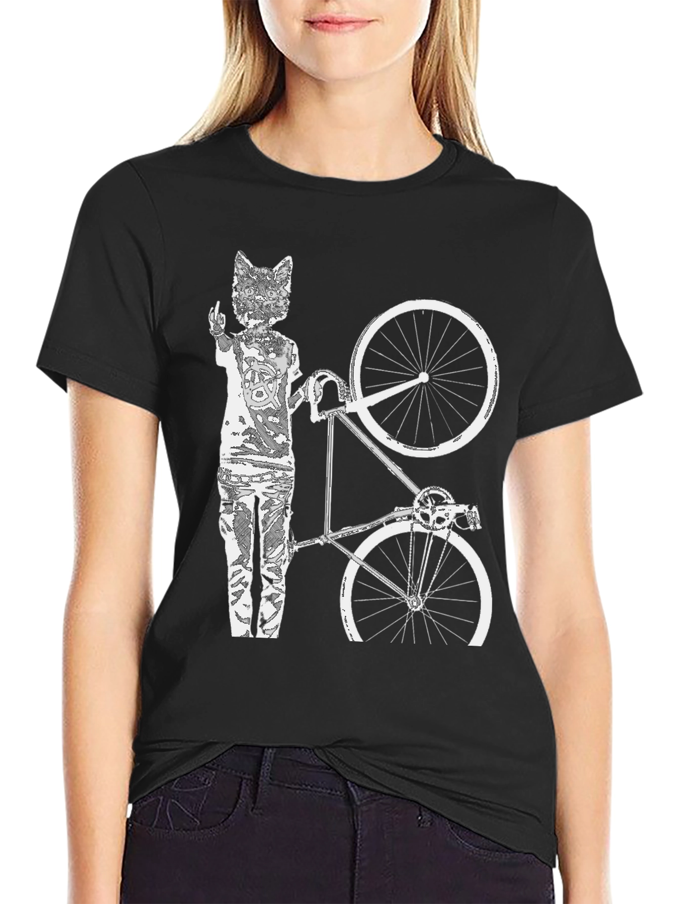 Cat Biker T-Shirt - Black Cotton Graphic Tee