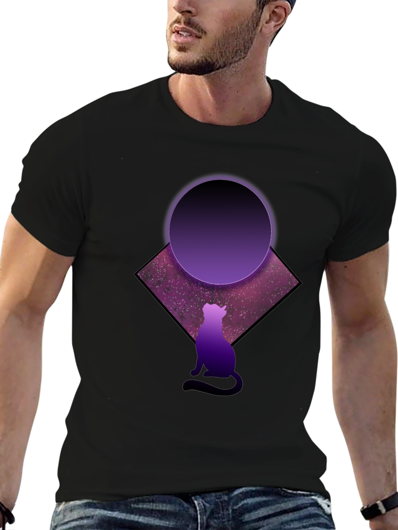Cosmic Cat Black T-Shirt - Galaxy Design