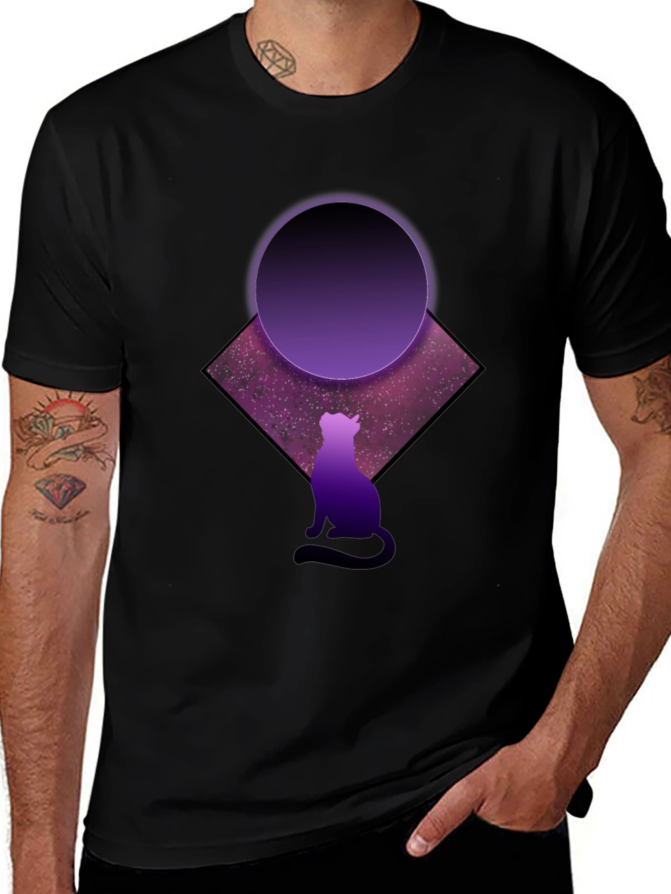 Cosmic Cat Black T-Shirt - Galaxy Design