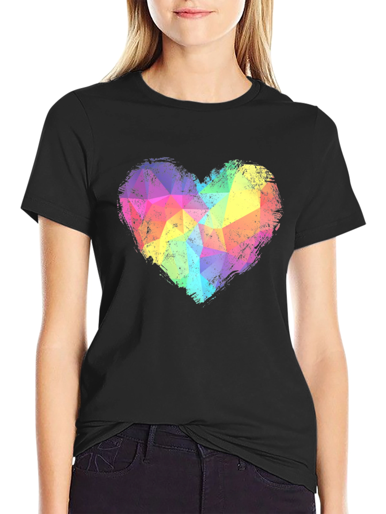 Rainbow Geometric Heart Graphic Tee - Black