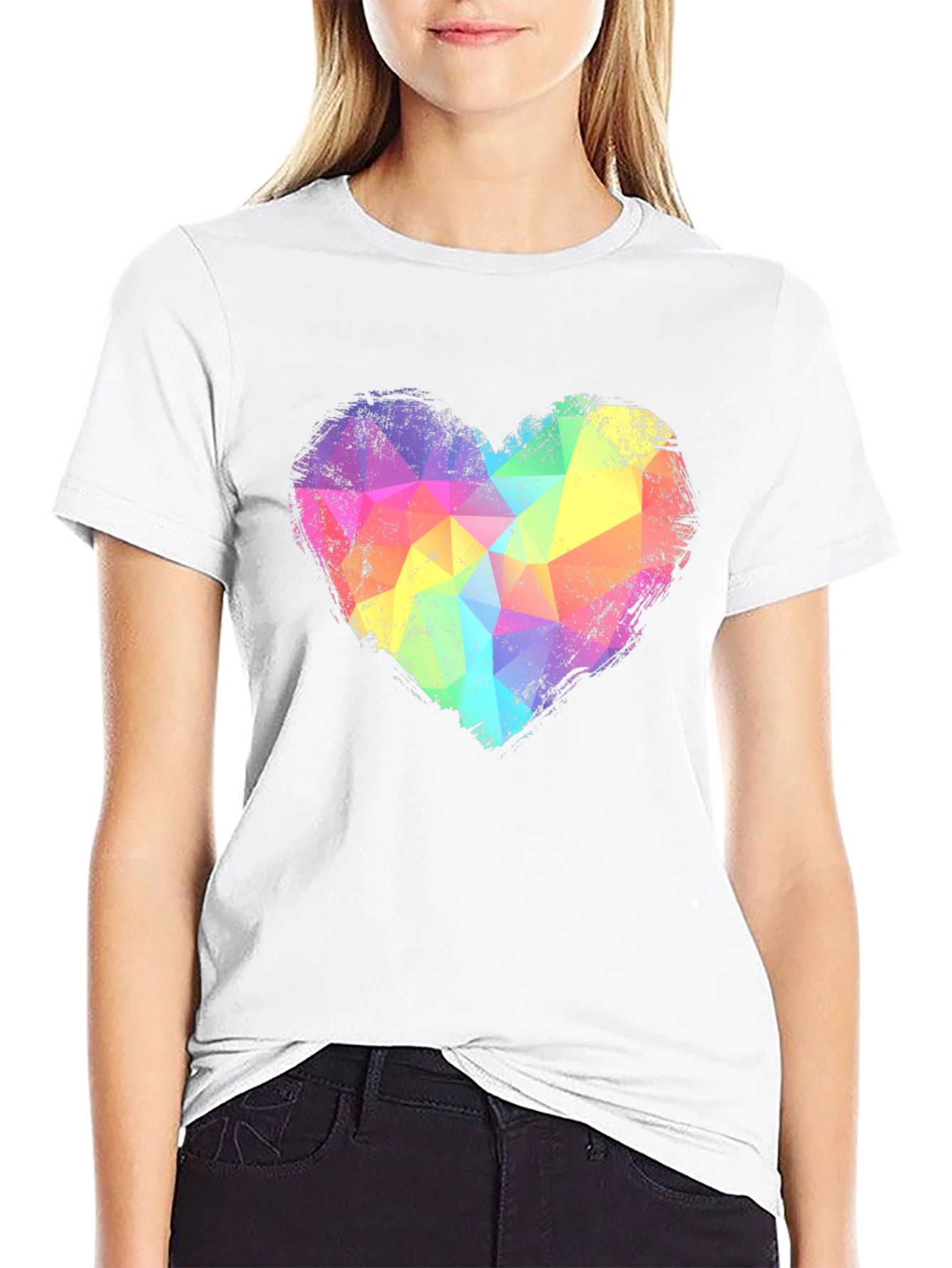 Rainbow Geometric Heart Graphic Tee - Black