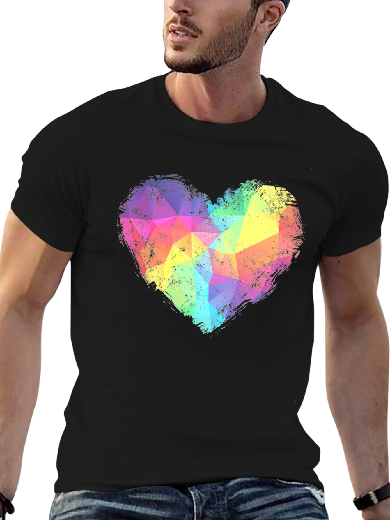 Rainbow Geometric Heart Graphic Tee - Black