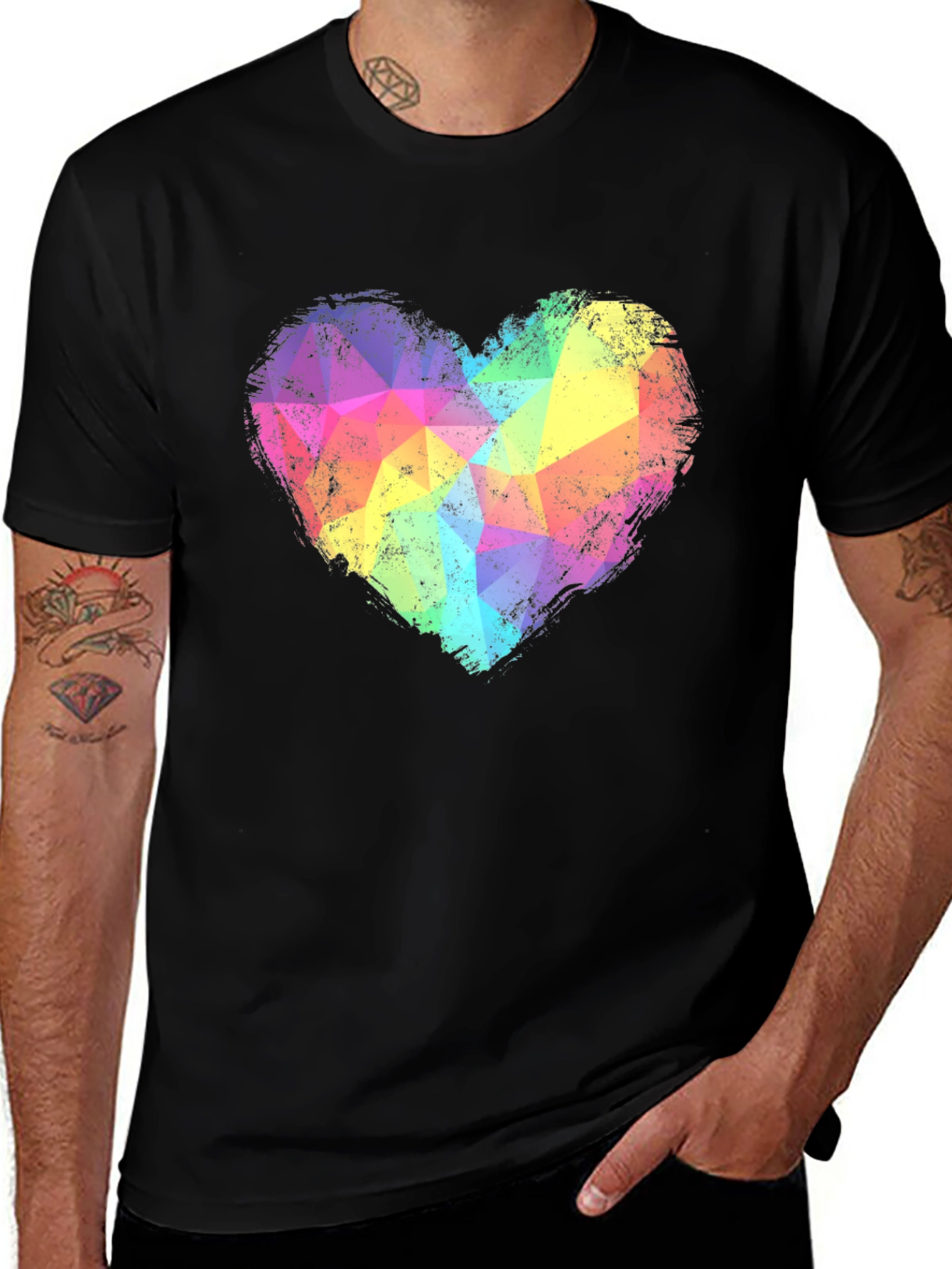 Rainbow Geometric Heart Graphic Tee - Black