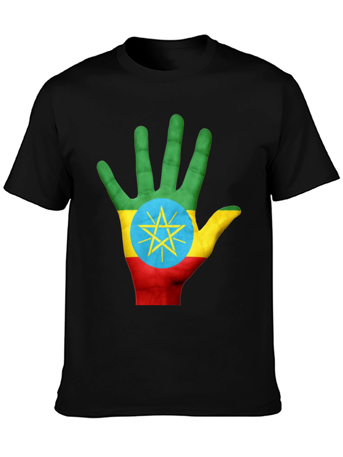 Ethiopia Flag Hand Print Black T-Shirt