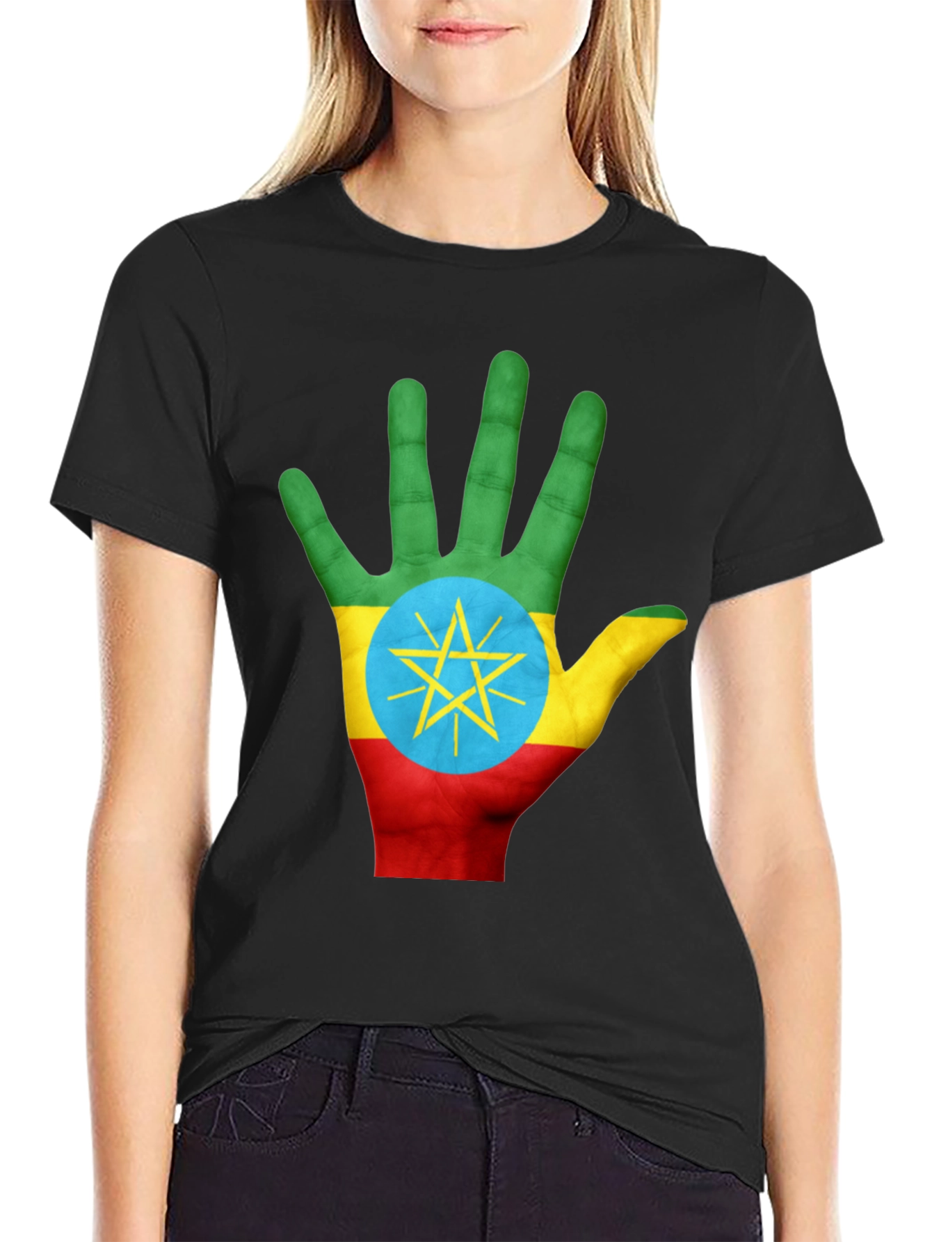 Ethiopia Flag Hand Print Black T-Shirt