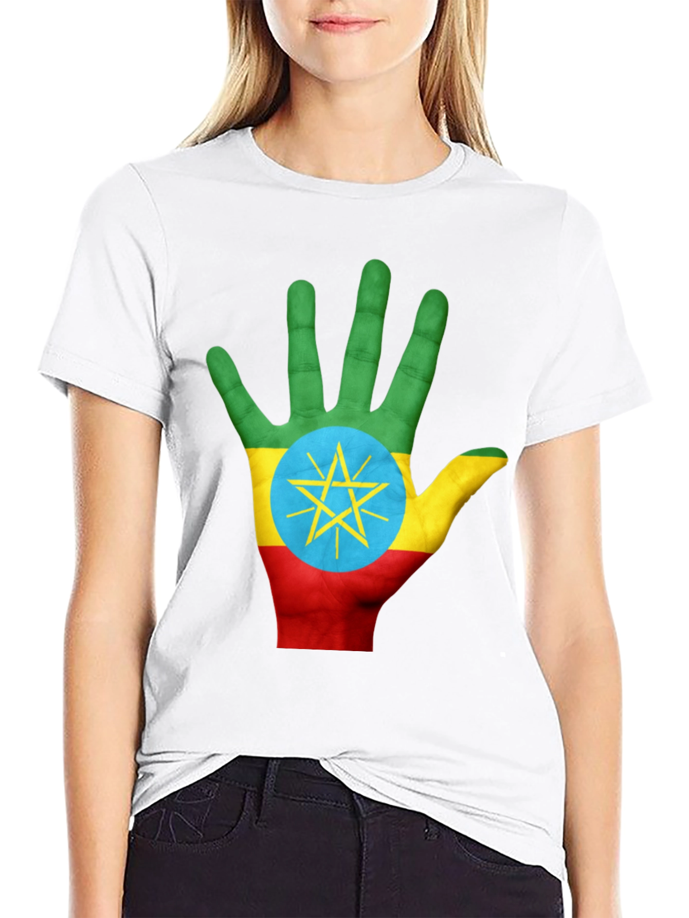 Ethiopia Flag Hand Print Black T-Shirt