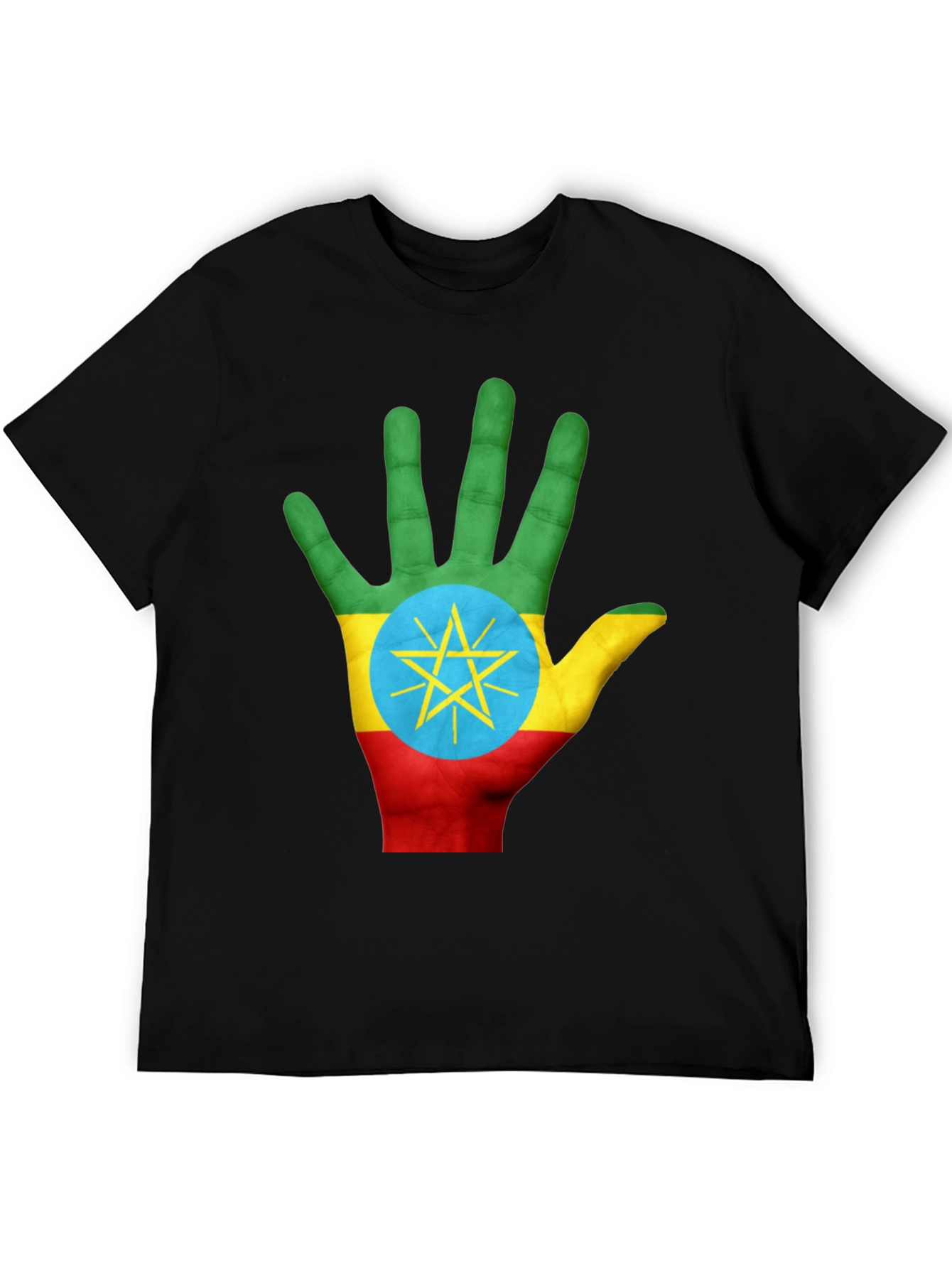 Ethiopia Flag Hand Print Black T-Shirt