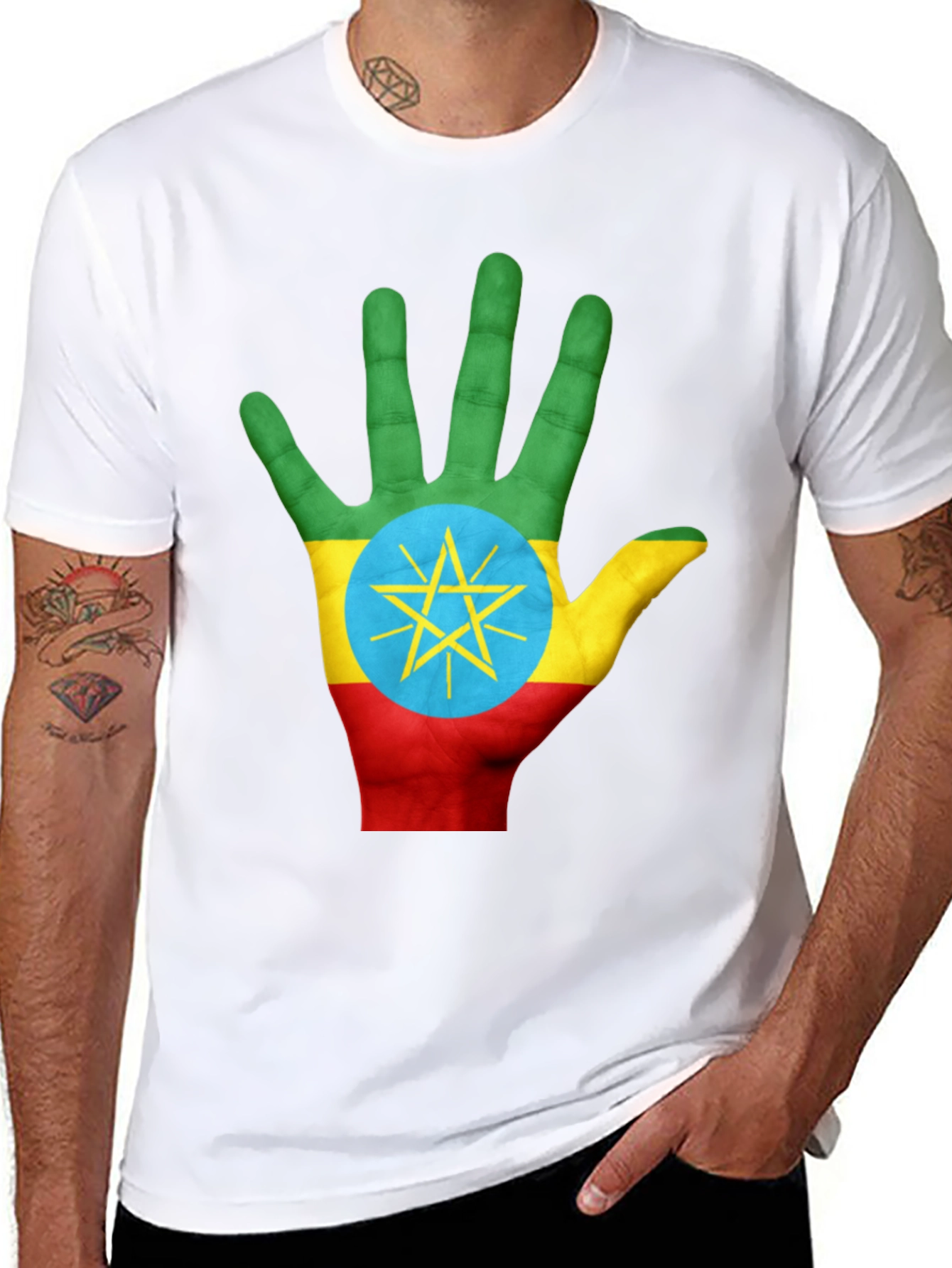 Ethiopia Flag Hand Print Black T-Shirt