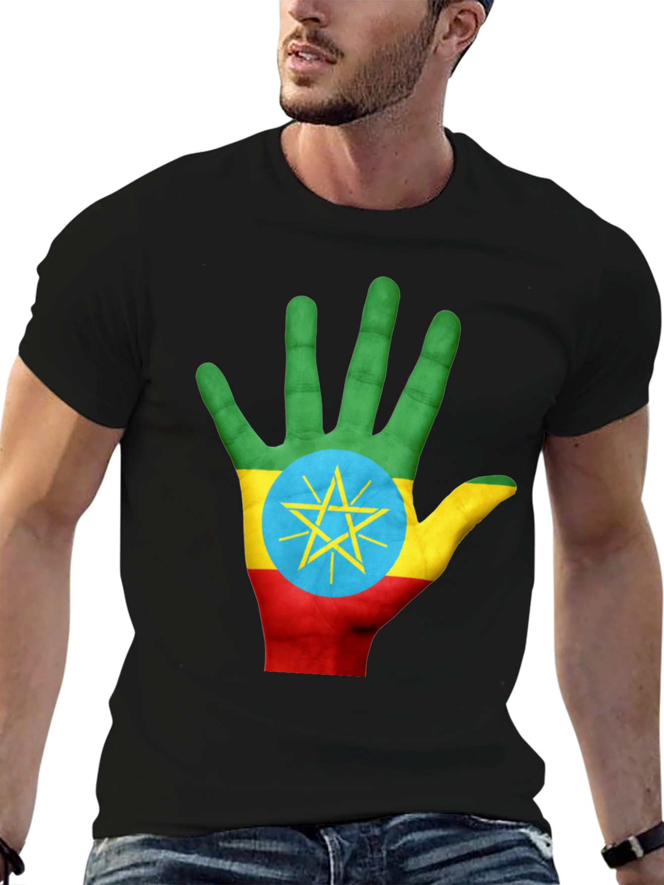 Ethiopia Flag Hand Print Black T-Shirt