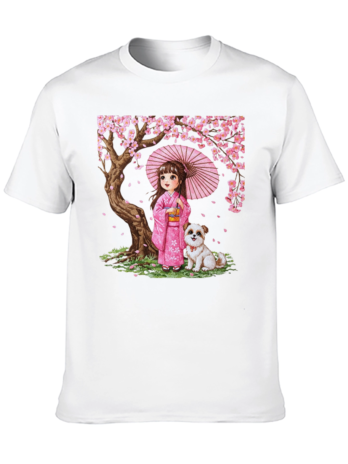 Japanese Girl with Dog Cherry Blossom Graphic Tee