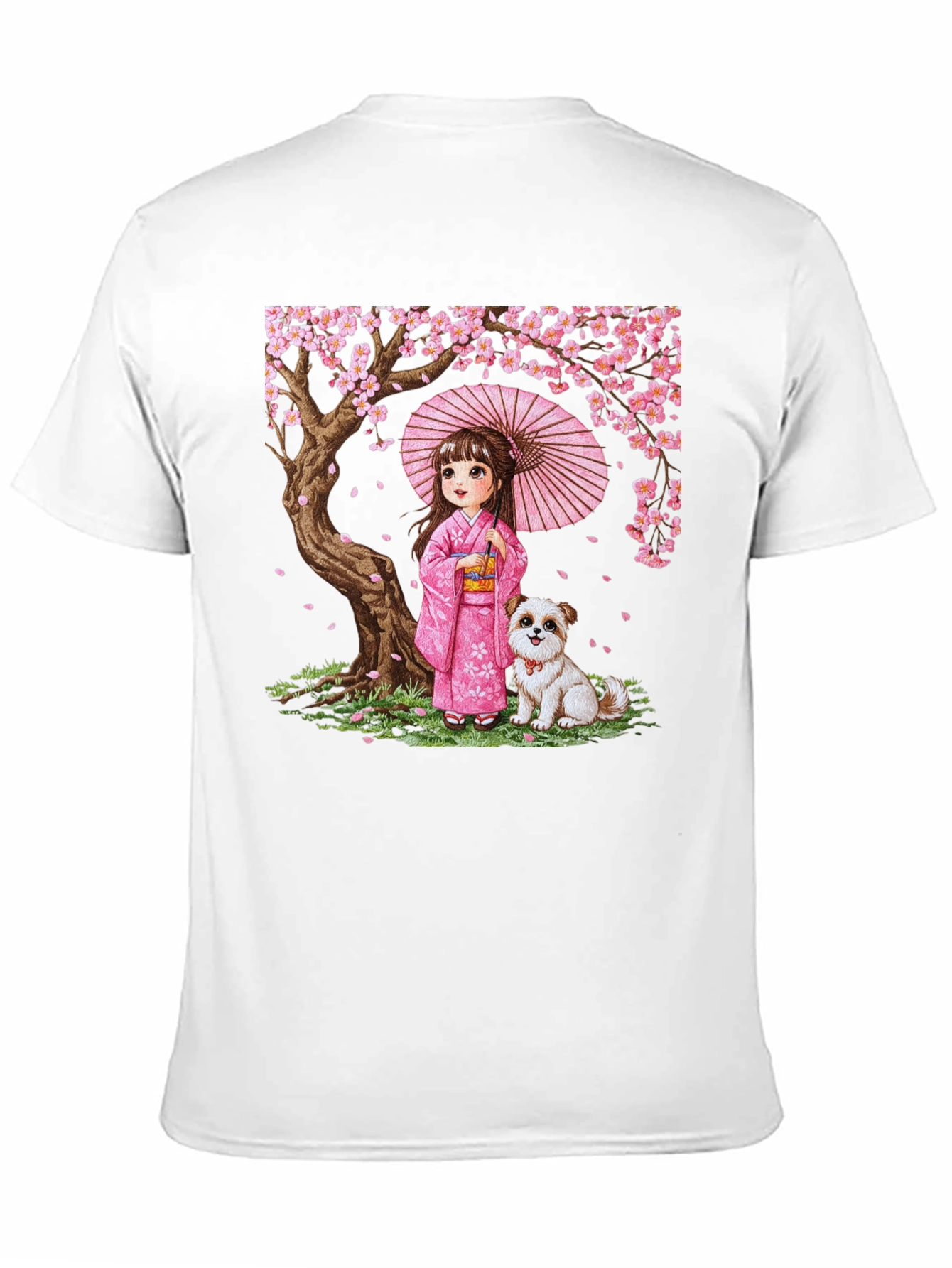 Japanese Girl with Dog Cherry Blossom Graphic Tee