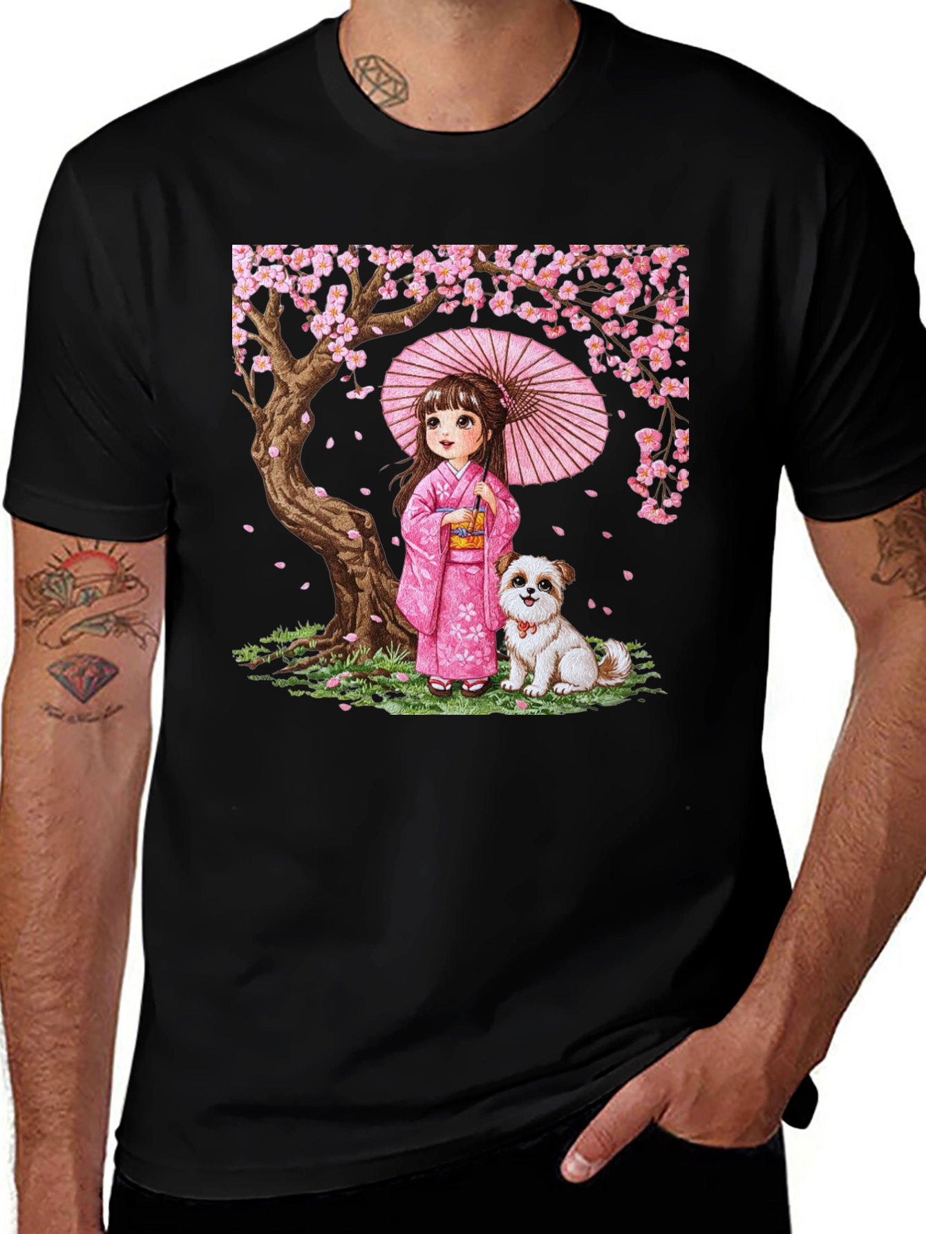 Japanese Girl with Dog Cherry Blossom Graphic Tee