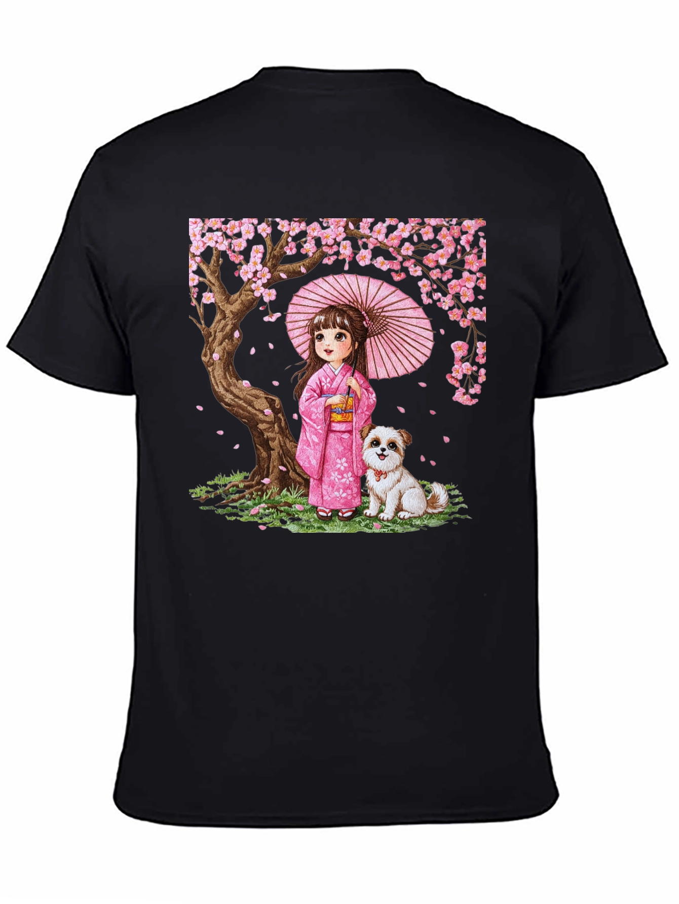 Japanese Girl with Dog Cherry Blossom Graphic Tee