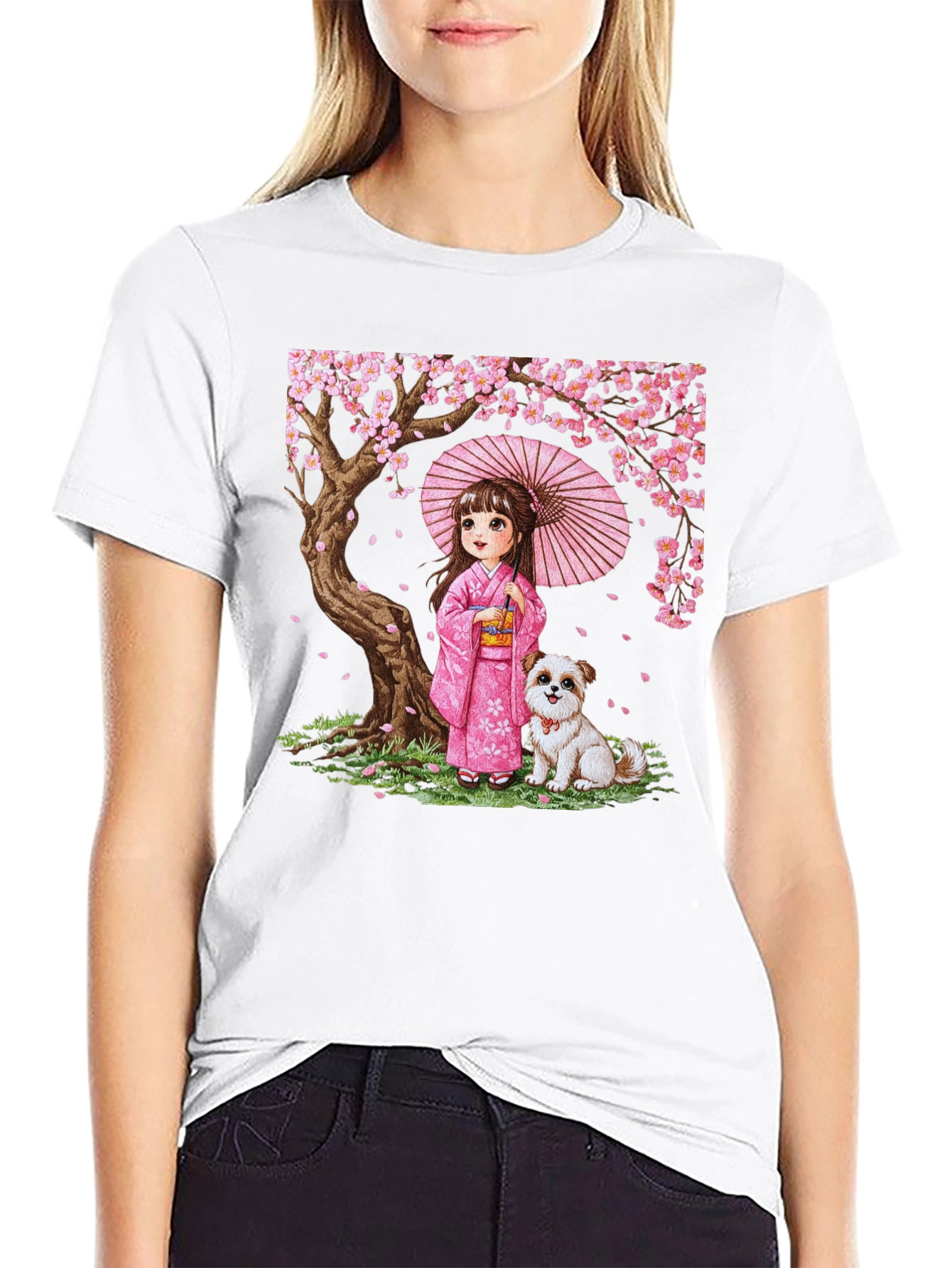 Japanese Girl with Dog Cherry Blossom Graphic Tee