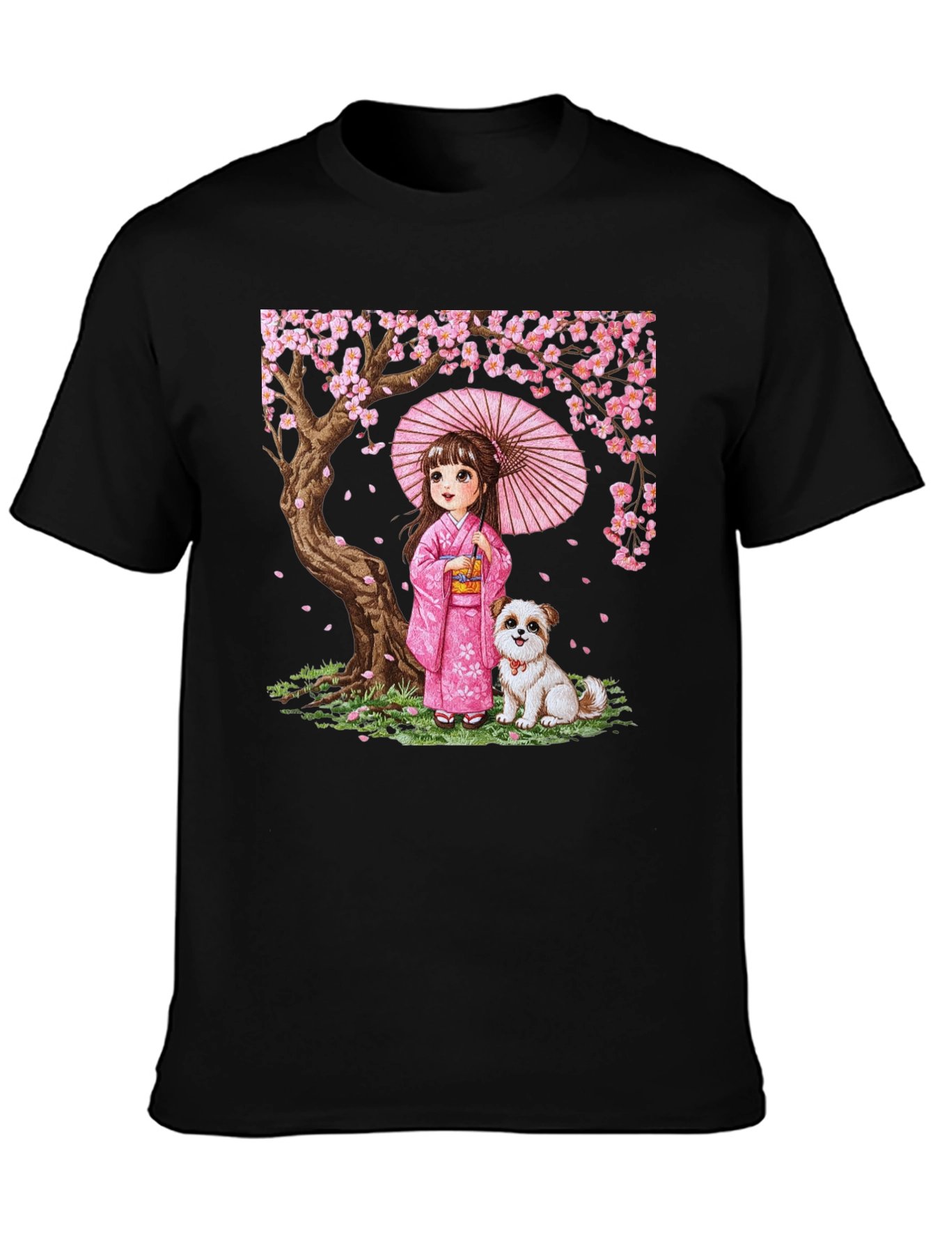 Japanese Girl with Dog Cherry Blossom Graphic Tee