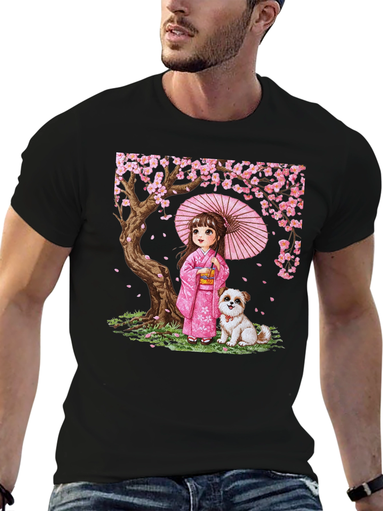 Japanese Girl with Dog Cherry Blossom Graphic Tee