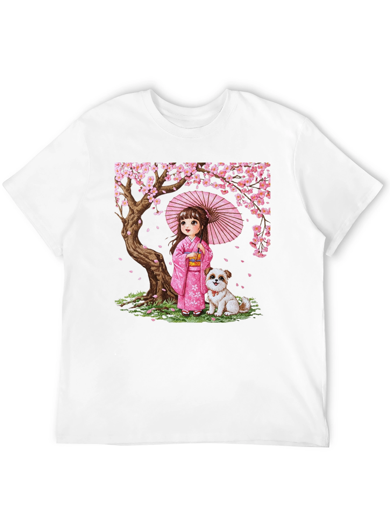Japanese Girl with Dog Cherry Blossom Graphic Tee