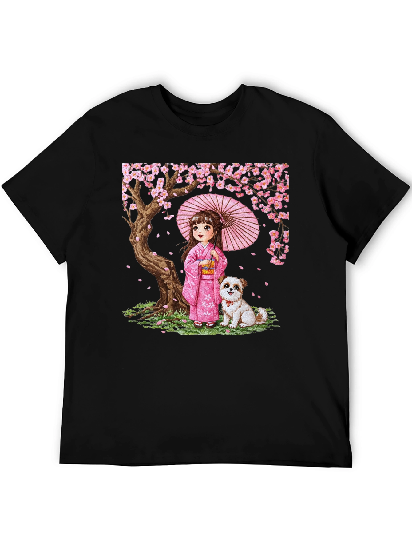 Japanese Girl with Dog Cherry Blossom Graphic Tee