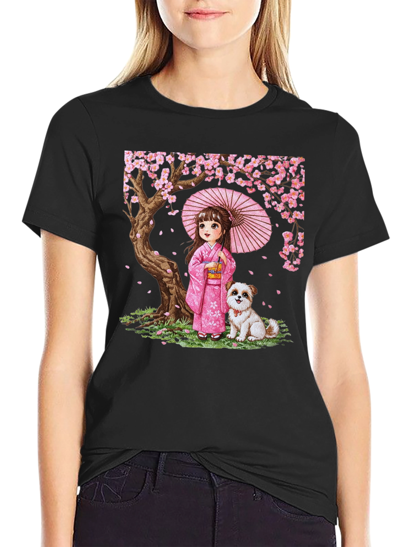 Japanese Girl with Dog Cherry Blossom Graphic Tee