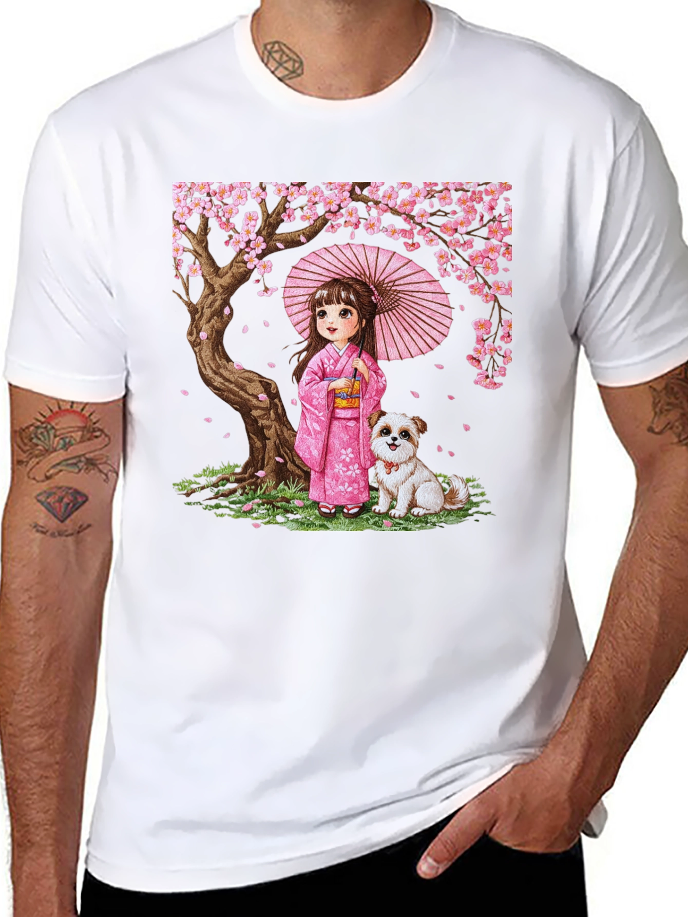 Japanese Girl with Dog Cherry Blossom Graphic Tee