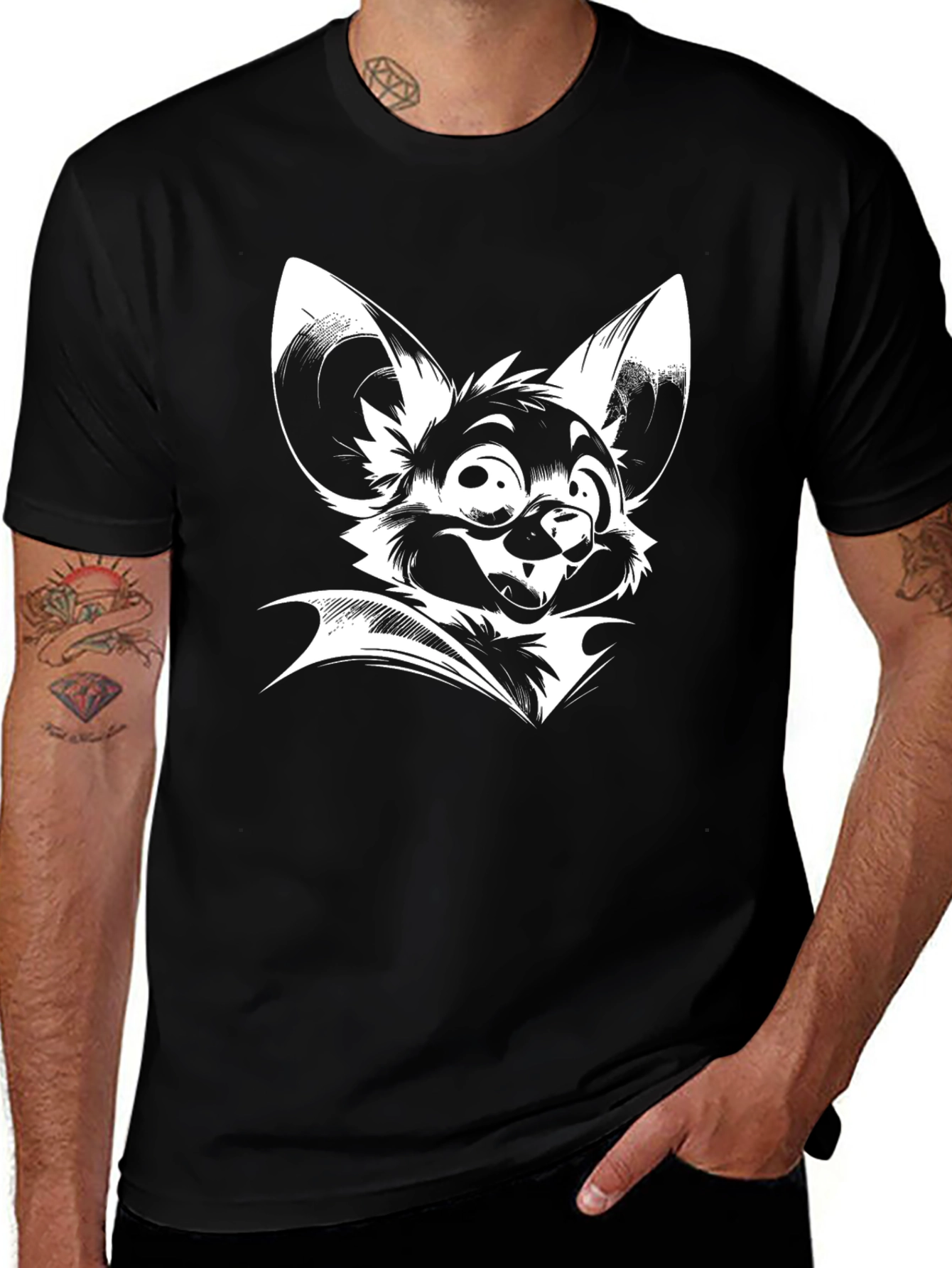 Black T-Shirt with White Bat Cartoon Print
