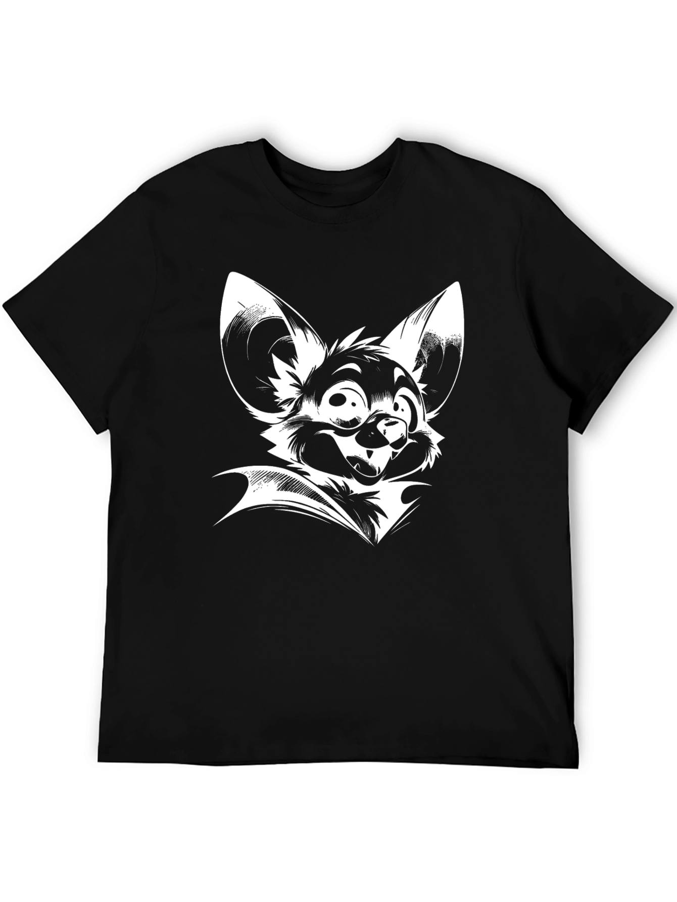 Black T-Shirt with White Bat Cartoon Print