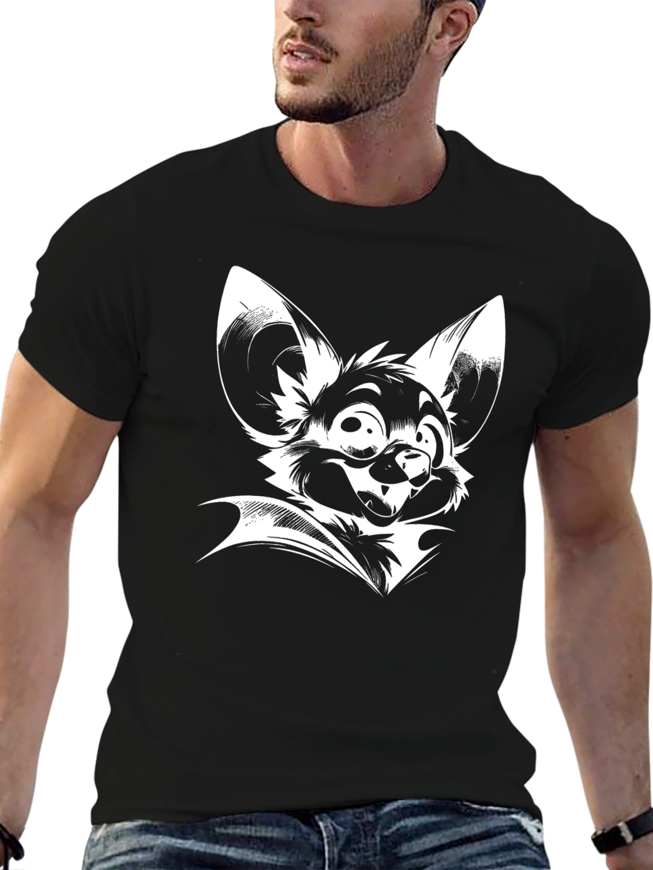 Black T-Shirt with White Bat Cartoon Print
