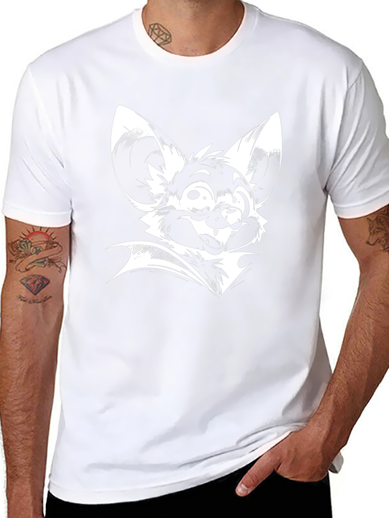 Black T-Shirt with White Bat Cartoon Print