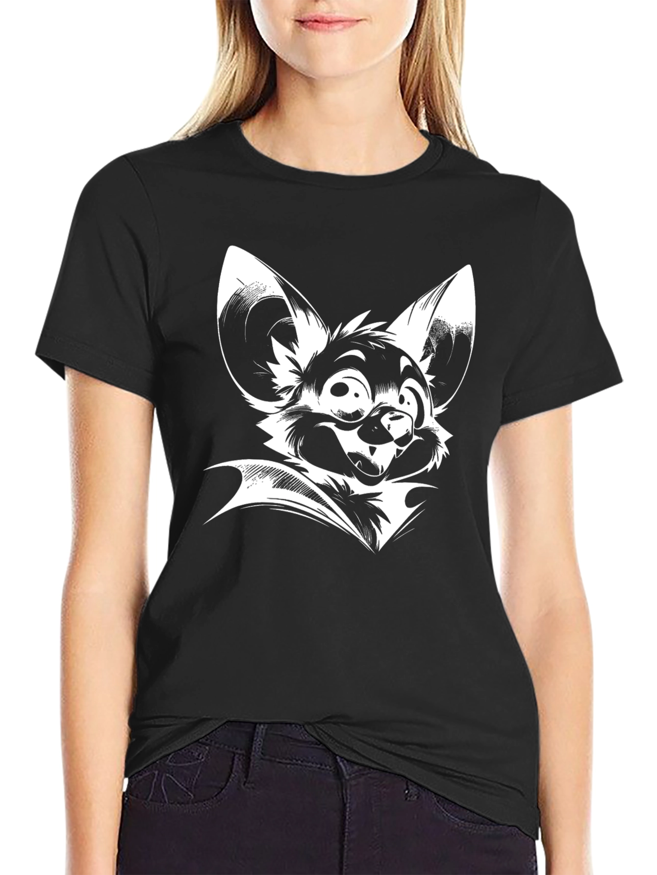 Black T-Shirt with White Bat Cartoon Print