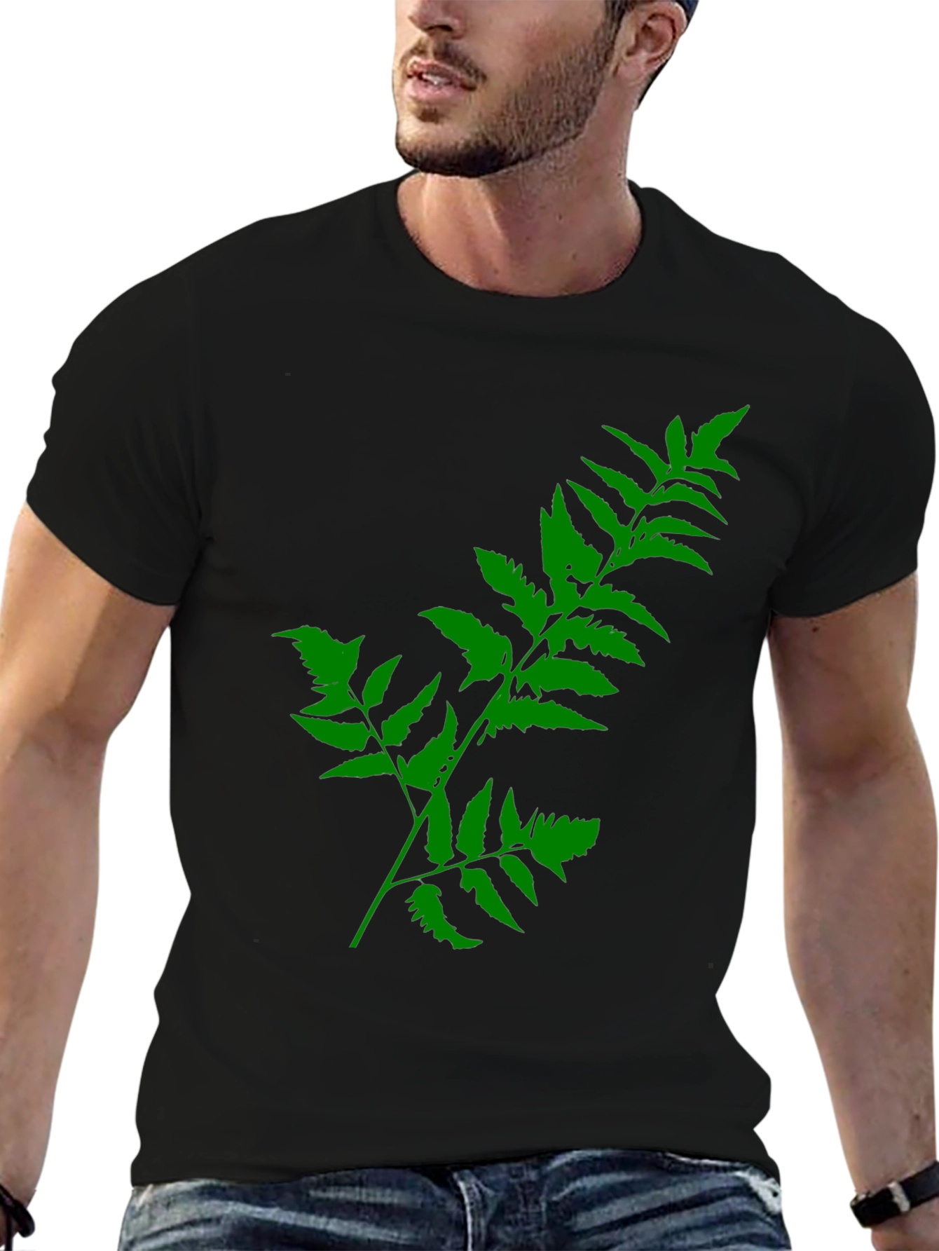 Green Fern Print Black T-Shirt