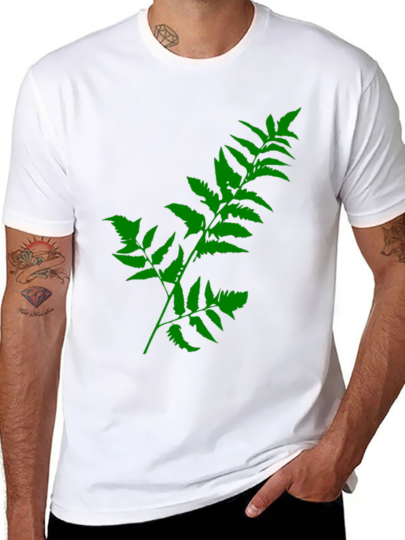 Green Fern Print Black T-Shirt