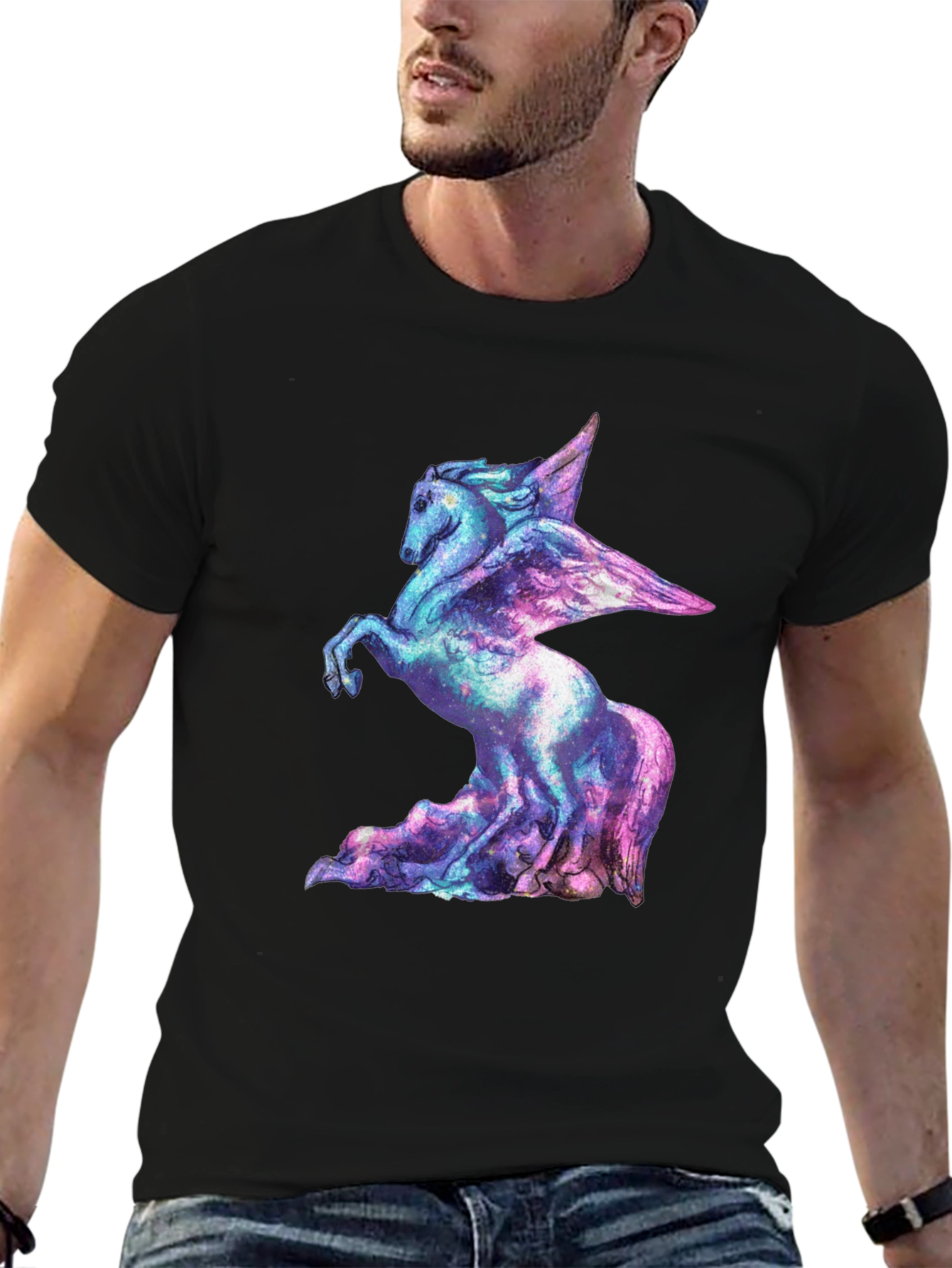 Cosmic Pegasus Graphic Tee - Black Cotton Shirt