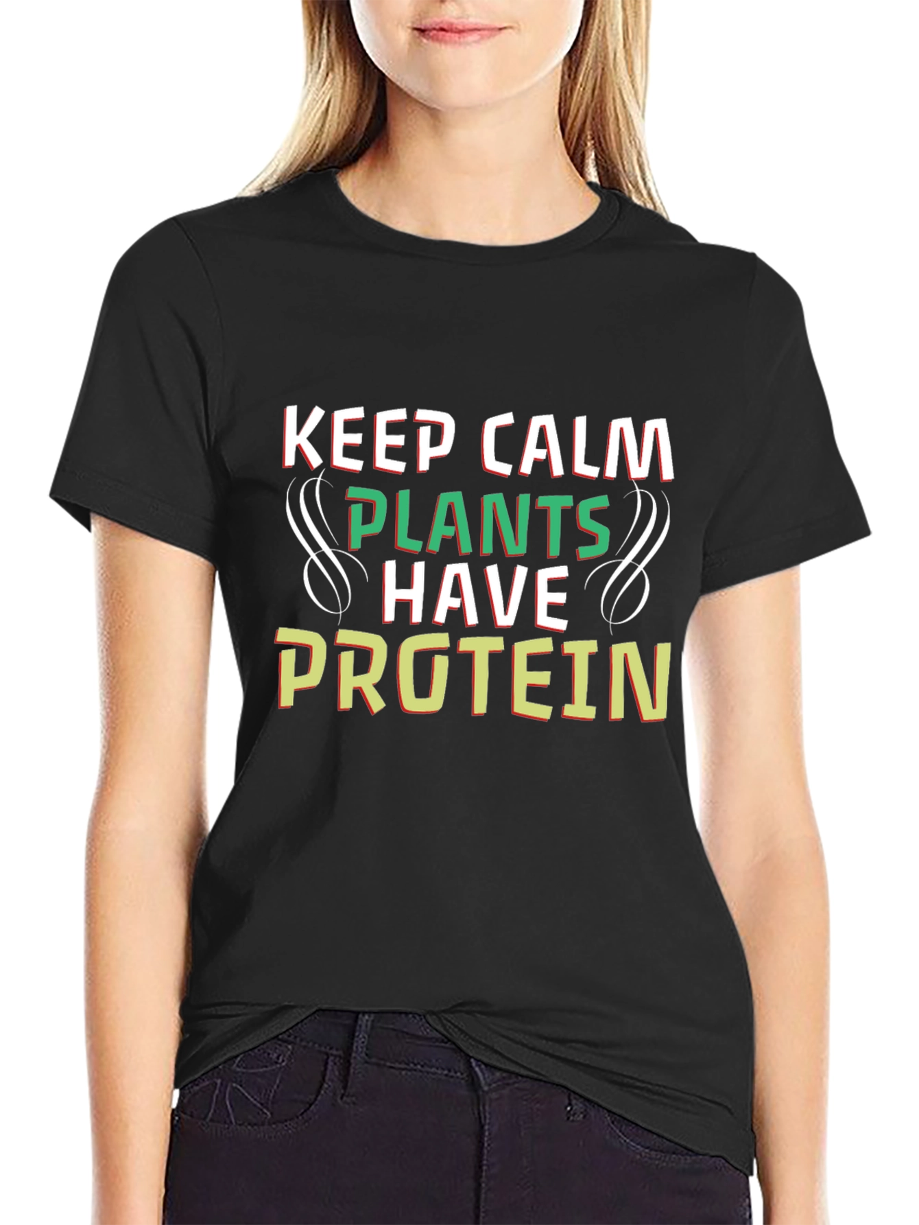 Keep Calm Plants Have Protein Black Tee