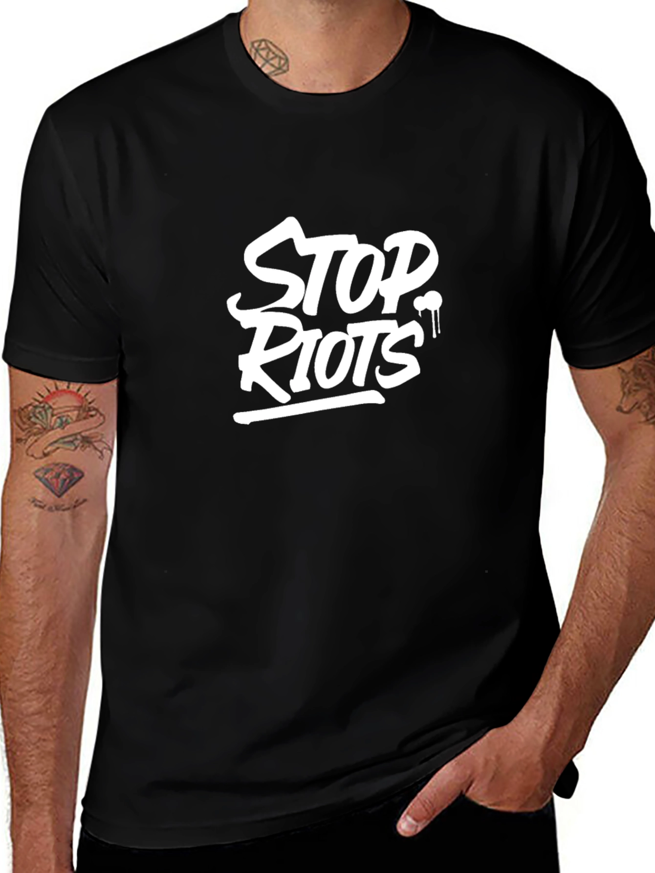 Stop Riots Graphic Print Black T-Shirt