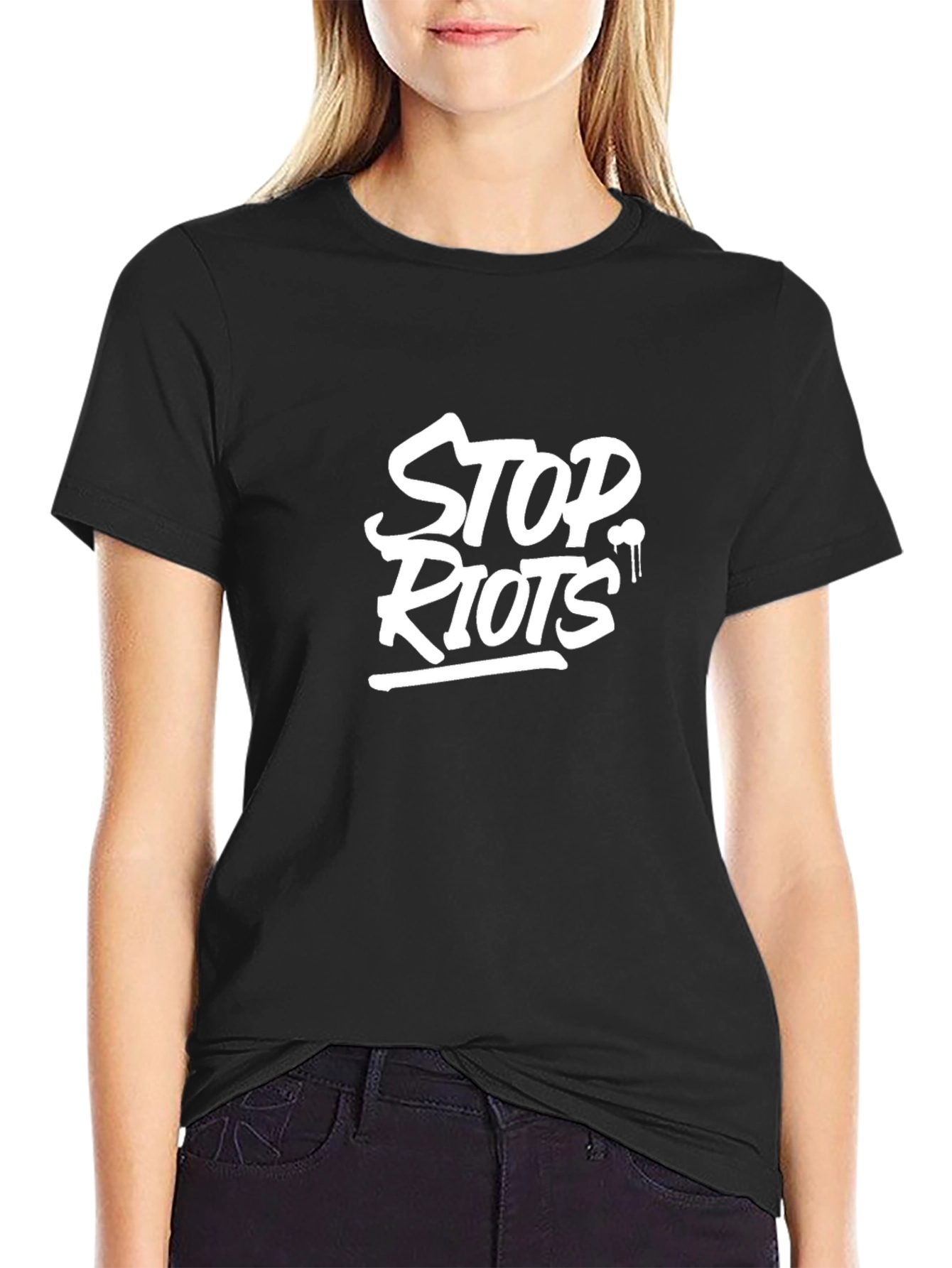 Stop Riots Graphic Print Black T-Shirt
