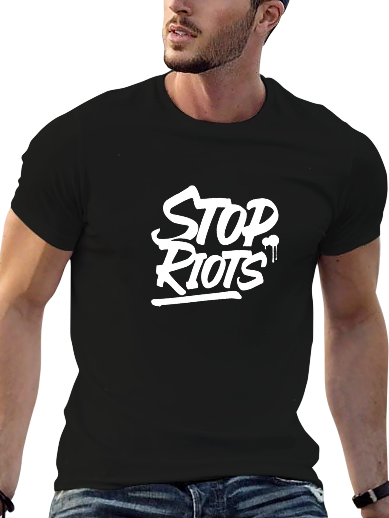 Stop Riots Graphic Print Black T-Shirt
