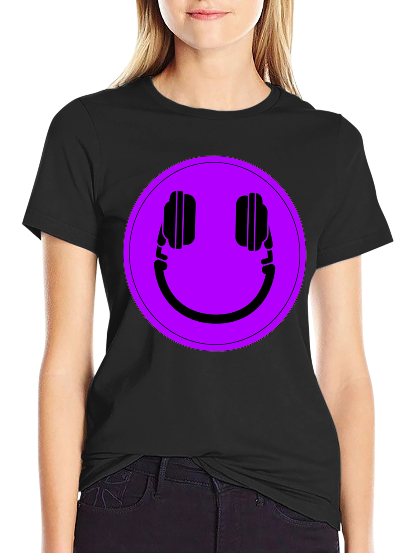 Headphone Smiley T-Shirt - Black Casual Tee