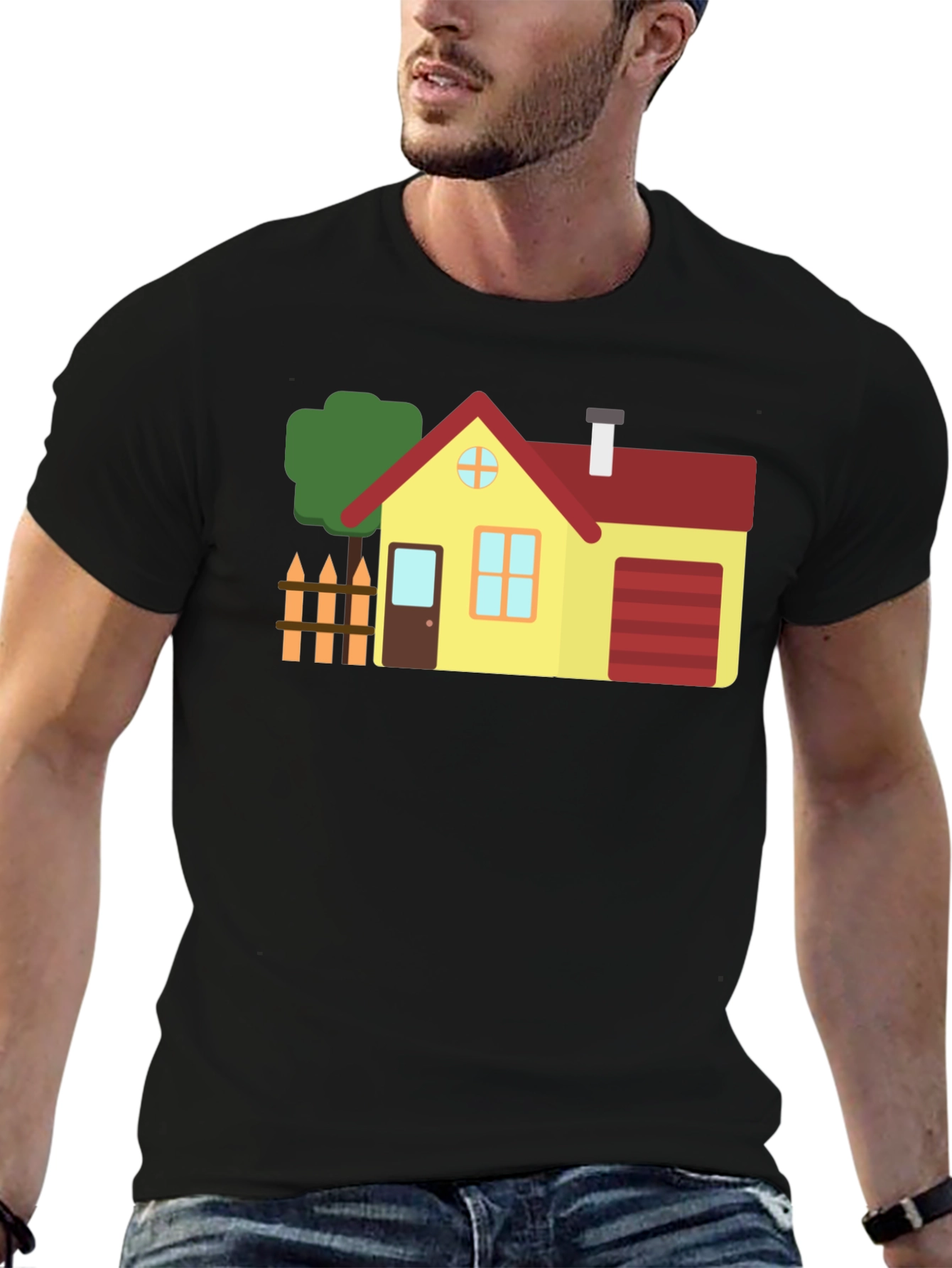 Cartoon House Graphic Tee Black Cotton Shirt