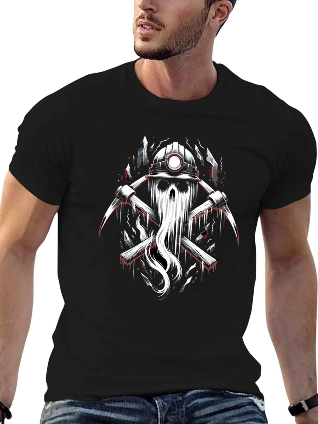 Miner Skull Graphic Tee - Black Cotton T-Shirt