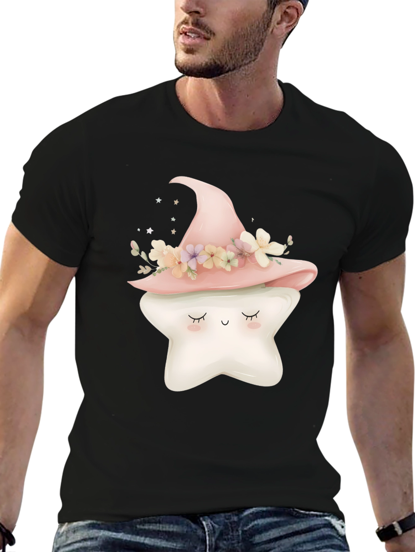 Cute Star Witch Hat Graphic Tee - Black