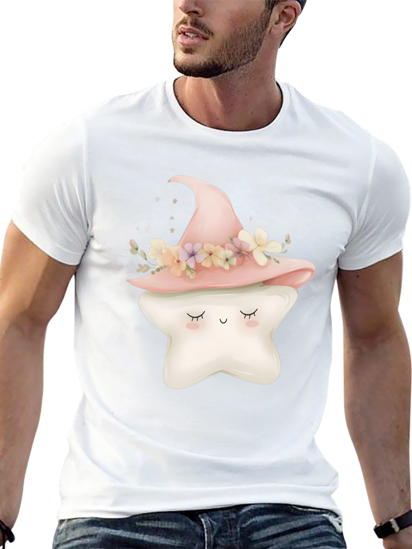 Cute Star Witch Hat Graphic Tee - Black